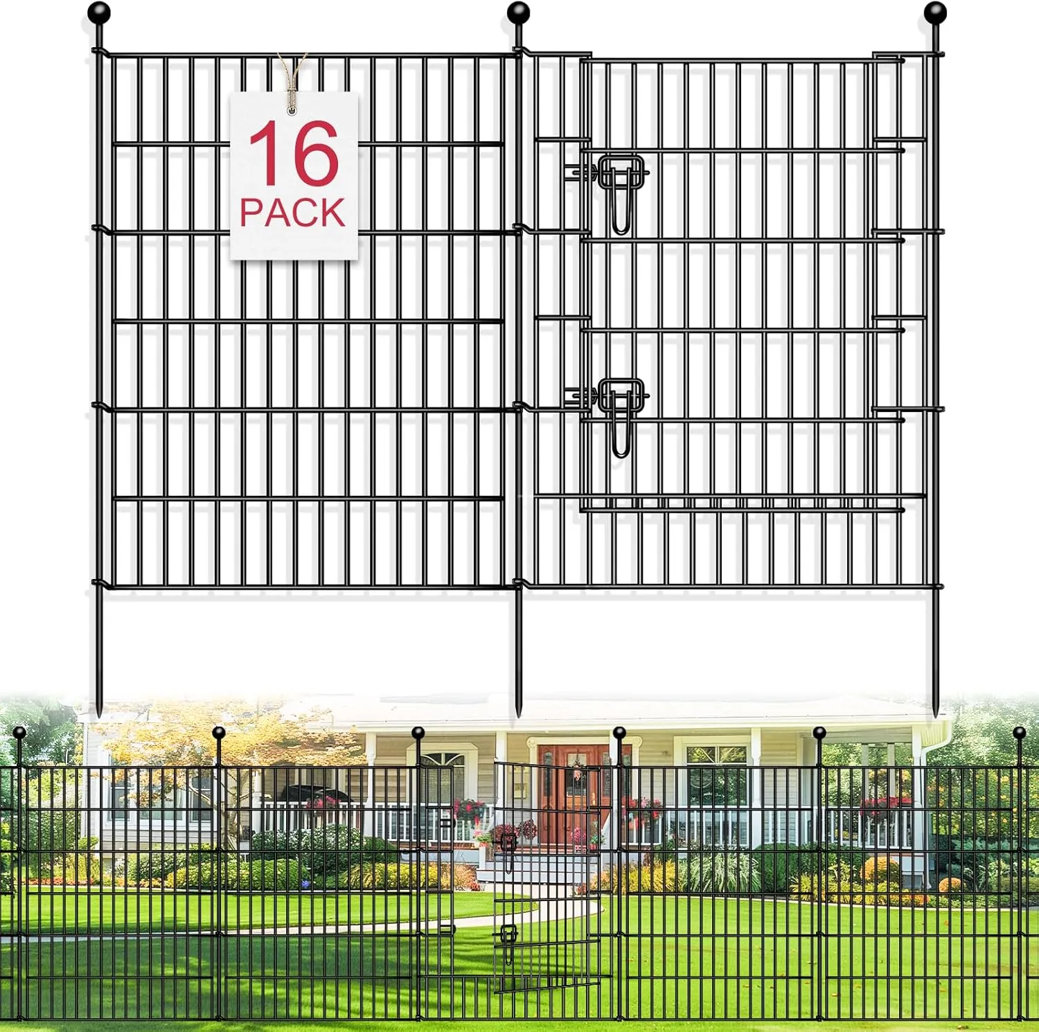16 Panels Decorative Garden Fence, 32in(H) X 34.7ft(L) No Dig Animal Barrier Fencing, Rustproof Metal Garden Fence Panels with Gate, Dog Fence Outdoor for Yard