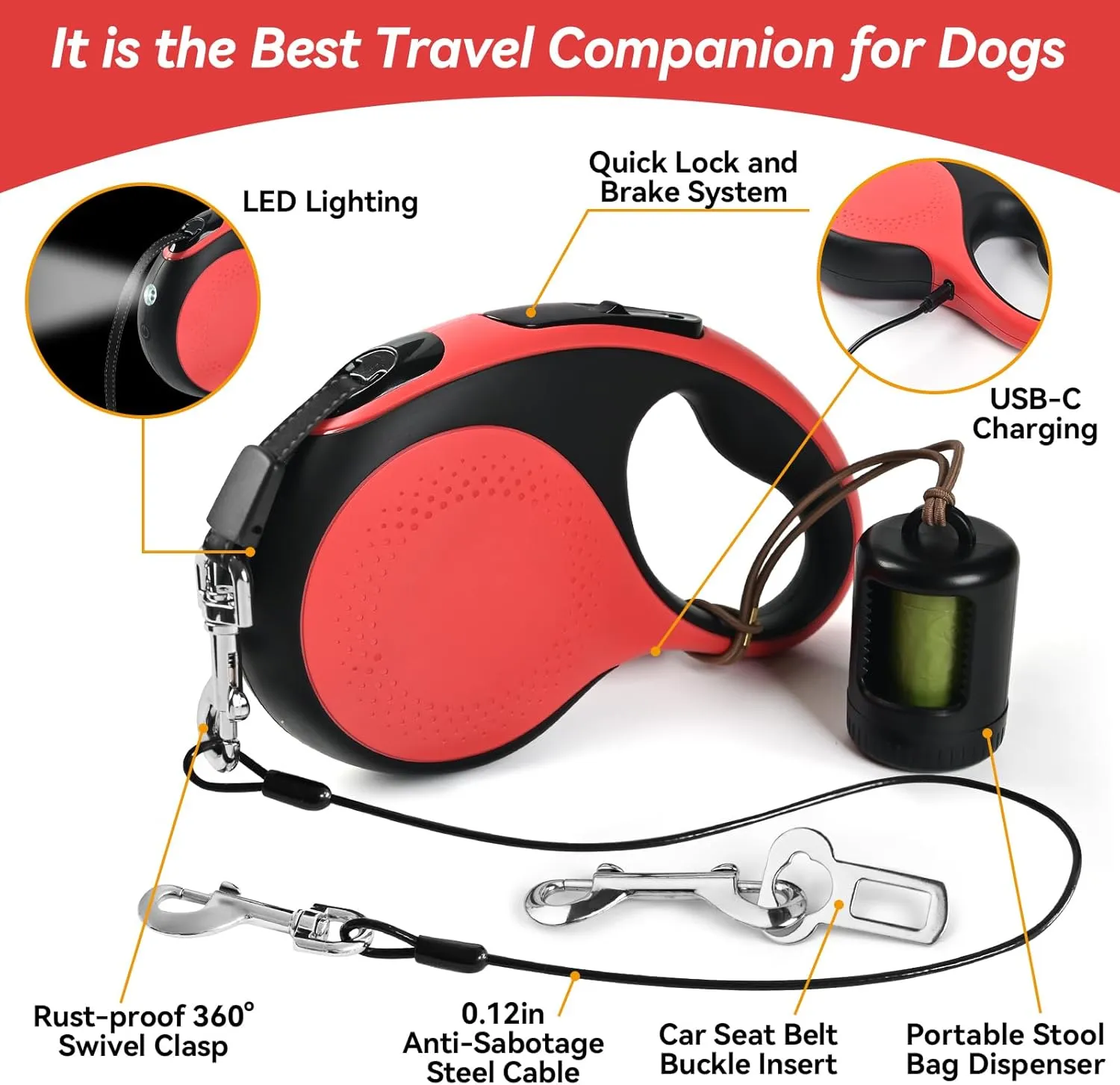 16ft Heavy Duty Retractable Dog Leash with Chew Proof Cable-for Dog up to 110lbs, with Rechargeable LED Light, Dispenser, Poop Bags, 360 No Tangle, One-Handed Brake & Lock. (Red, 16ft LED)