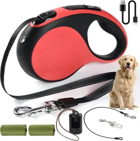 16ft Heavy Duty Retractable Dog Leash with Chew Proof Cable-for Dog up to 110lbs, with Rechargeable LED Light, Dispenser, Poop Bags, 360 No Tangle, One-Handed Brake & Lock. (Red, 16ft LED)