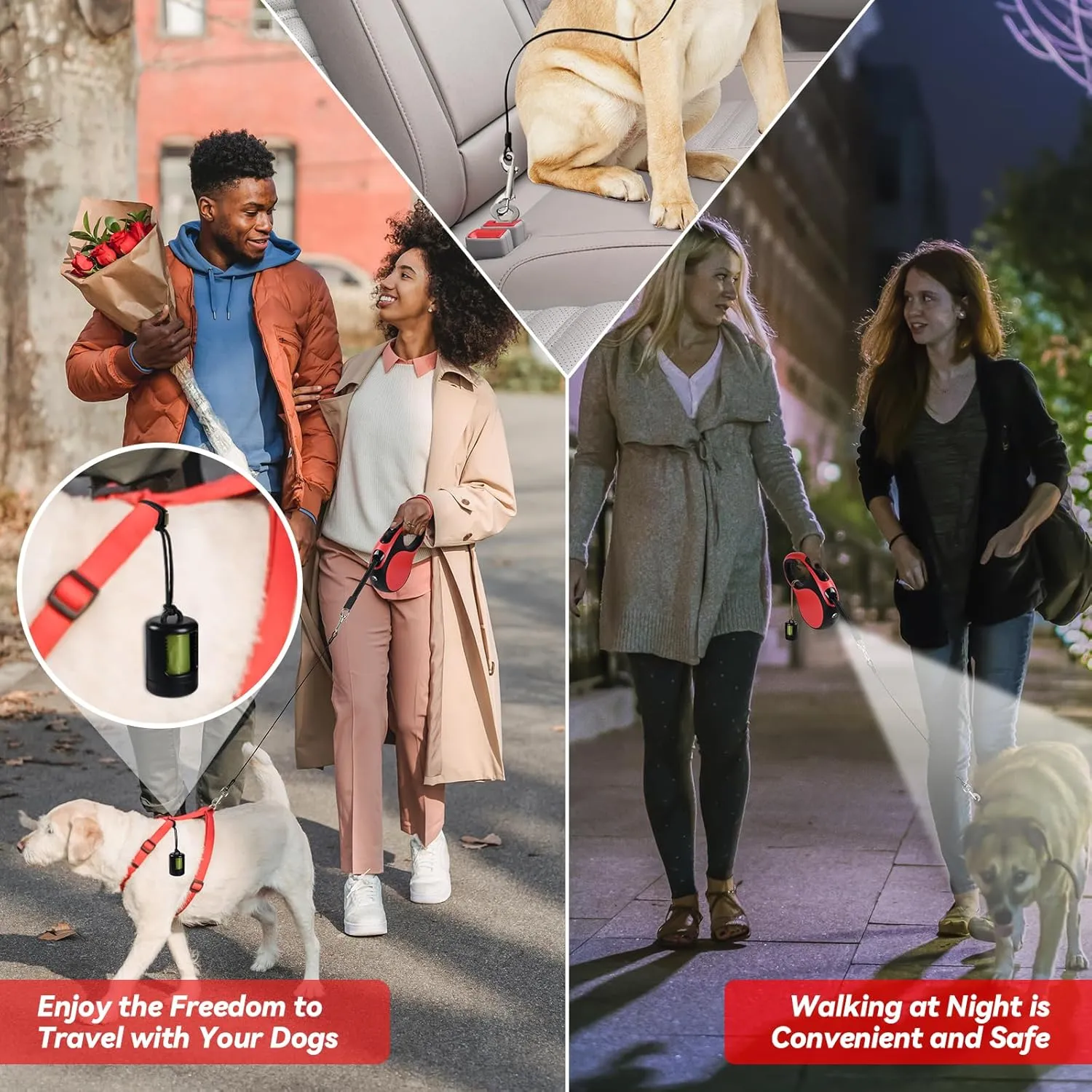 16ft Heavy Duty Retractable Dog Leash with Chew Proof Cable-for Dog up to 110lbs, with Rechargeable LED Light, Dispenser, Poop Bags, 360 No Tangle, One-Handed Brake & Lock. (Red, 16ft LED)