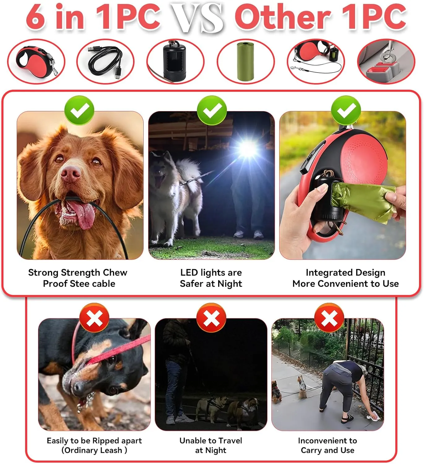 16ft Heavy Duty Retractable Dog Leash with Chew Proof Cable-for Dog up to 110lbs, with Rechargeable LED Light, Dispenser, Poop Bags, 360 No Tangle, One-Handed Brake & Lock. (Red, 16ft LED)