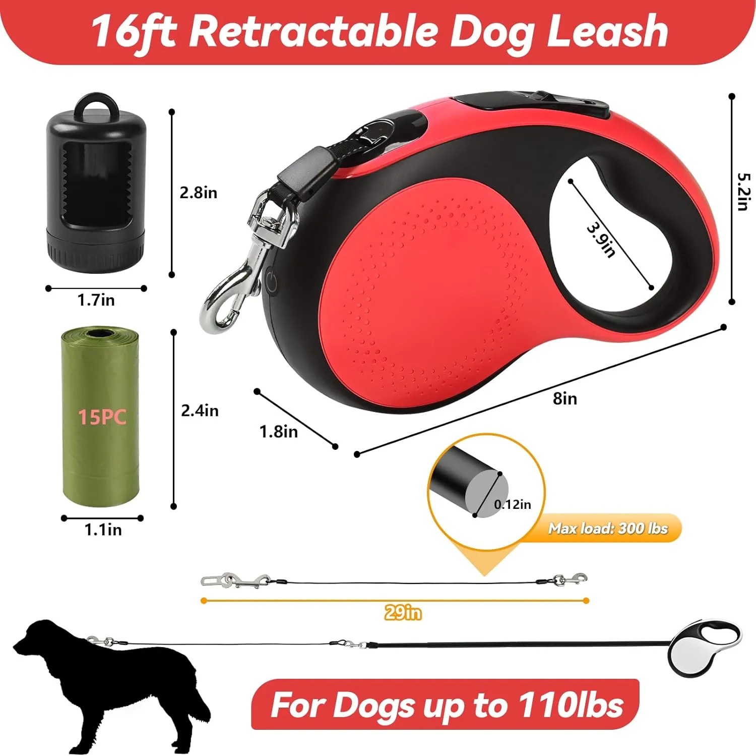16ft Heavy Duty Retractable Dog Leash with Chew Proof Cable-for Dog up to 110lbs, with Rechargeable LED Light, Dispenser, Poop Bags, 360 No Tangle, One-Handed Brake & Lock. (Red, 16ft LED)