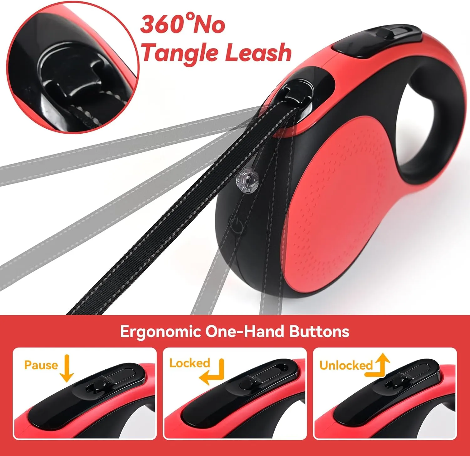 16ft Heavy Duty Retractable Dog Leash with Chew Proof Cable-for Dog up to 110lbs, with Rechargeable LED Light, Dispenser, Poop Bags, 360 No Tangle, One-Handed Brake & Lock. (Red, 16ft LED)