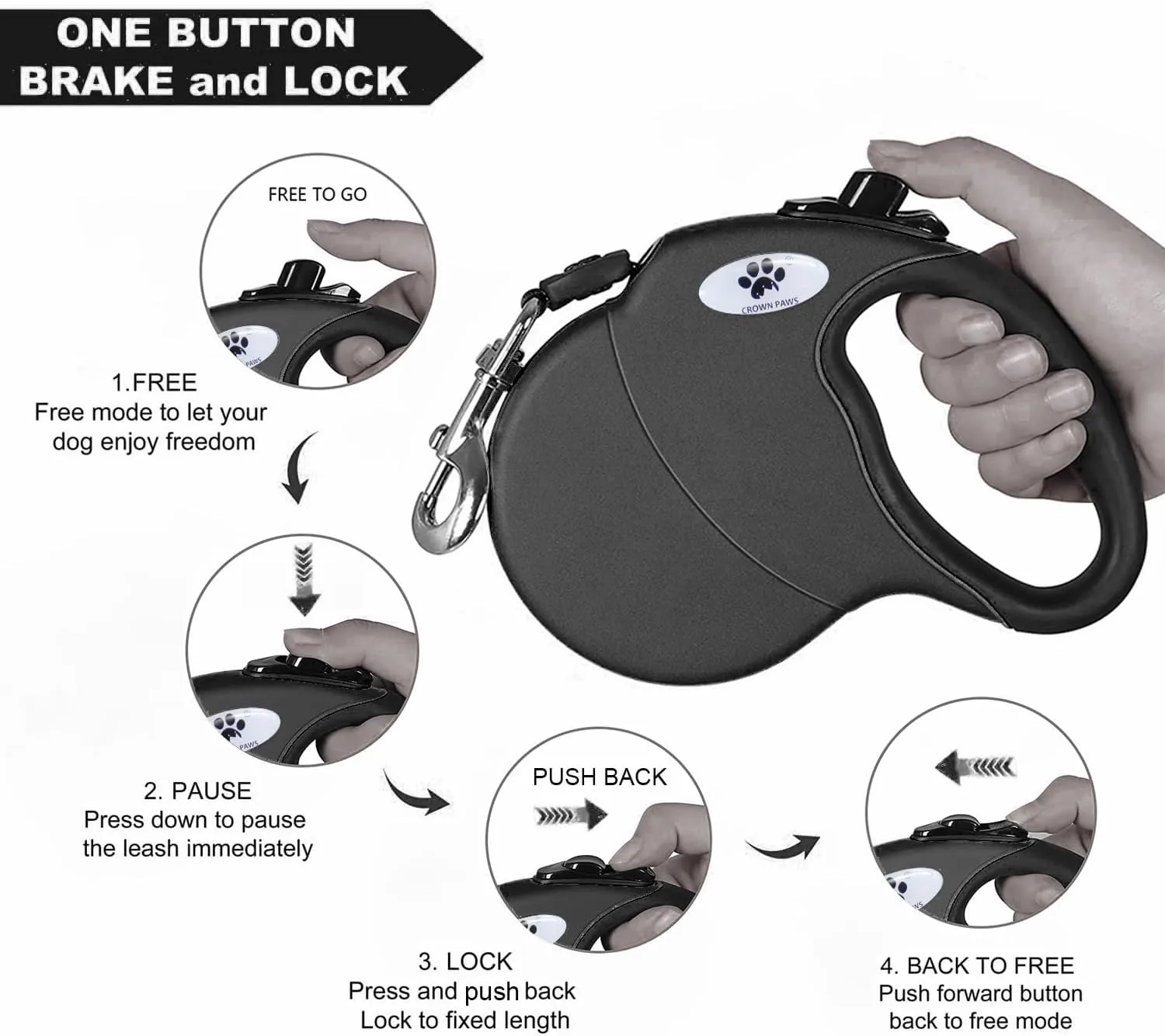 16ft Retractable Dog Leash for Large Breed Dogs up to 110 lbs with a Detachable Chew Proof Extender Wire Ropes (Black L)