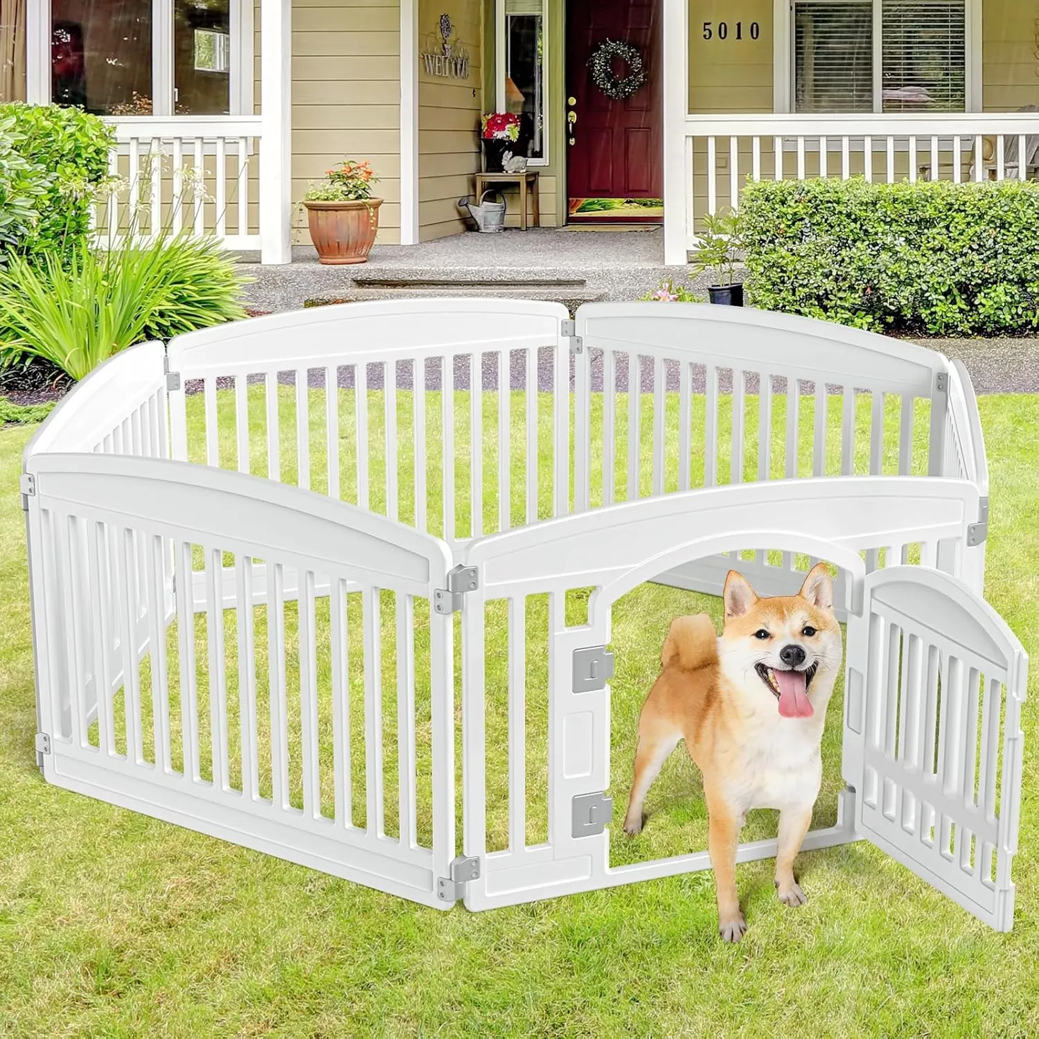 24" Exercise 6-Panel Pet Playpen with Door, Dog Playpen for Puppy Small Dogs Keep Pets Secure Easy Assemble Easy Storing Customizable Non-Skid Rubber Feet (White, 1, 6-Panel)