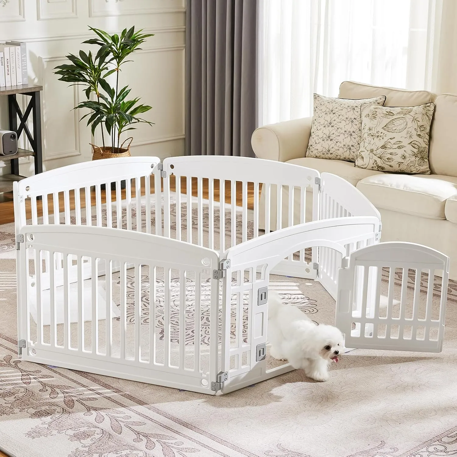 24" Exercise 6-Panel Pet Playpen with Door, Dog Playpen for Puppy Small Dogs Keep Pets Secure Easy Assemble Easy Storing Customizable Non-Skid Rubber Feet (White, 1, 6-Panel)