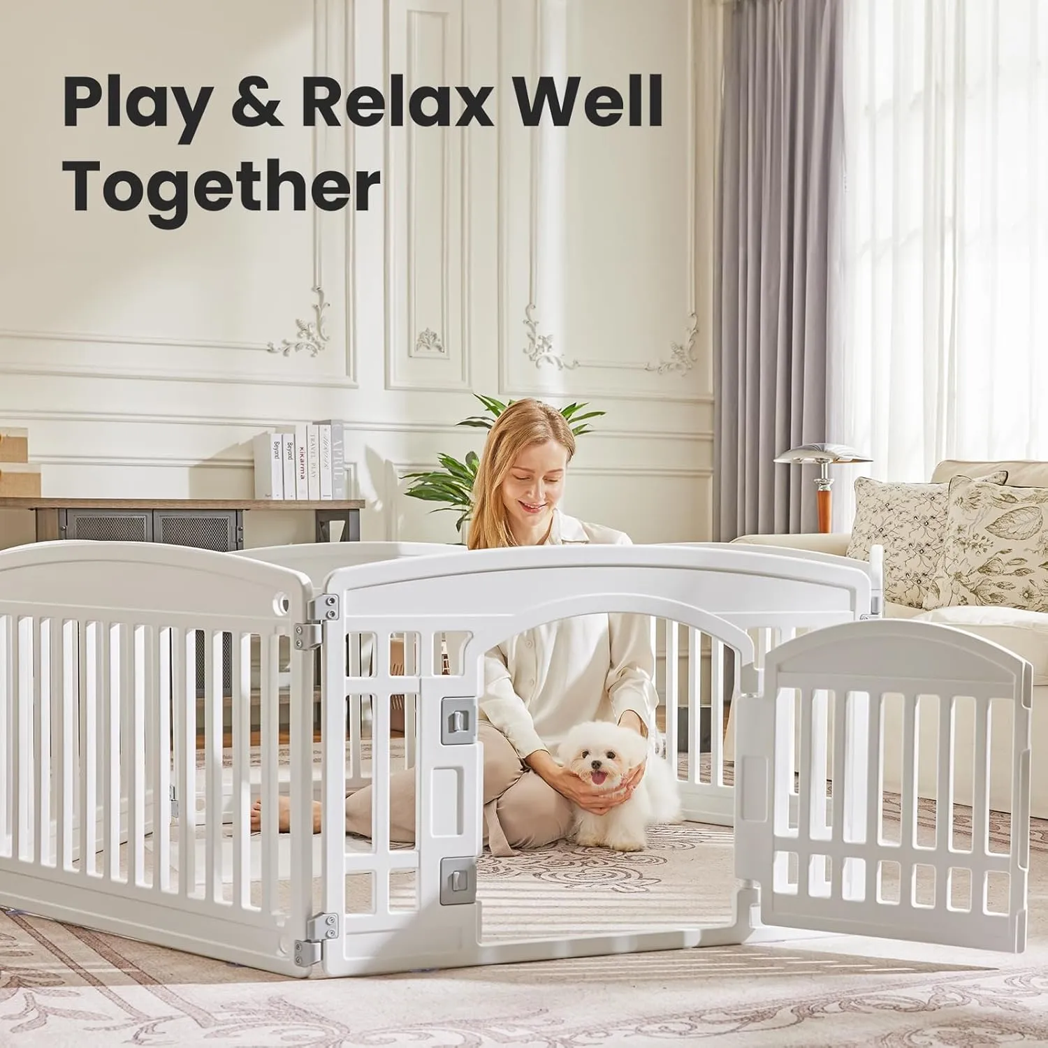 24" Exercise 6-Panel Pet Playpen with Door, Dog Playpen for Puppy Small Dogs Keep Pets Secure Easy Assemble Easy Storing Customizable Non-Skid Rubber Feet (White, 1, 6-Panel)