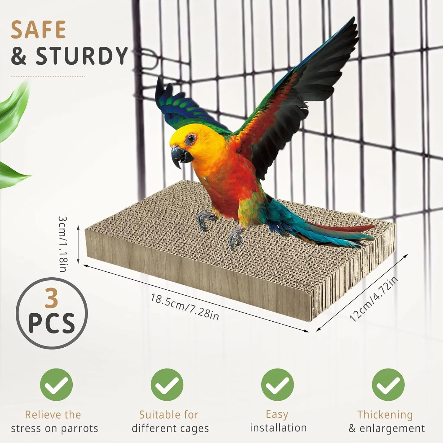 3 Pack Parrot Perch Bird Chew Toys, Medium Cardboard Parakeet Cage Stand Playground, Conure Platform Cockatiel Shredding Grinding Cage Accessories for Budgie Cockatoo, 7.3 x 4.7 x 1.2in