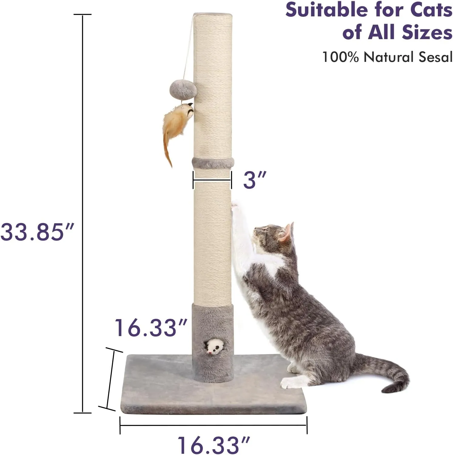 34 Tall Cat Scratching Post with Premium Sisal Rope for Indoor Scratcher Post Tree for Indoor Cat Toy with Mouse Hole, Hanging Ball for Adult Cats and Kittens