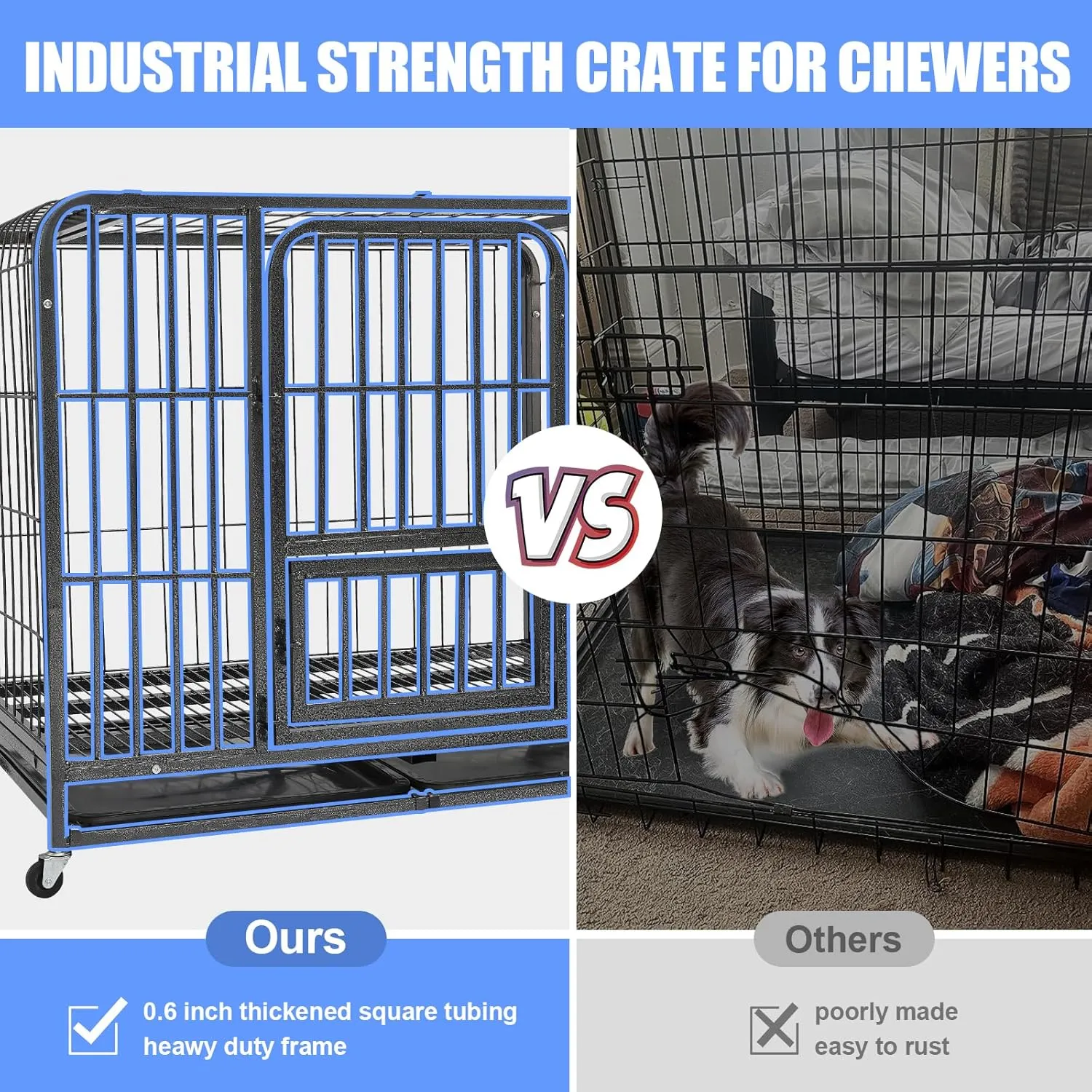 37/25/33 Inch Dog Crate, Heavy Duty Metal Dog Kennel, Indestructible, Escape Proof Dog Cage with Lockable Wheels, Double Door Big Dog Cage with Removable Dog Crate Tray