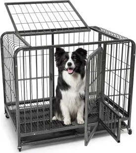 37/25/33 Inch Dog Crate, Heavy Duty Metal Dog Kennel, Indestructible, Escape Proof Dog Cage with Lockable Wheels, Double Door Big Dog Cage with Removable Dog Crate Tray