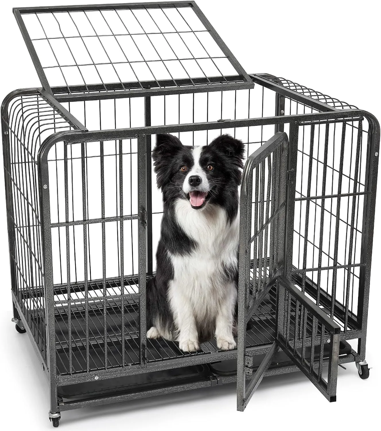 37/25/33 Inch Dog Crate, Heavy Duty Metal Dog Kennel, Indestructible, Escape Proof Dog Cage with Lockable Wheels, Double Door Big Dog Cage with Removable Dog Crate Tray