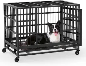 48 inch Heavy Duty Indestructible Dog Crate, Escape Proof Dog Cage Kennel with Lockable Wheels, High Anxiety Double Door, Extra Large Indoor Crate for Large Dog (38 Inch)