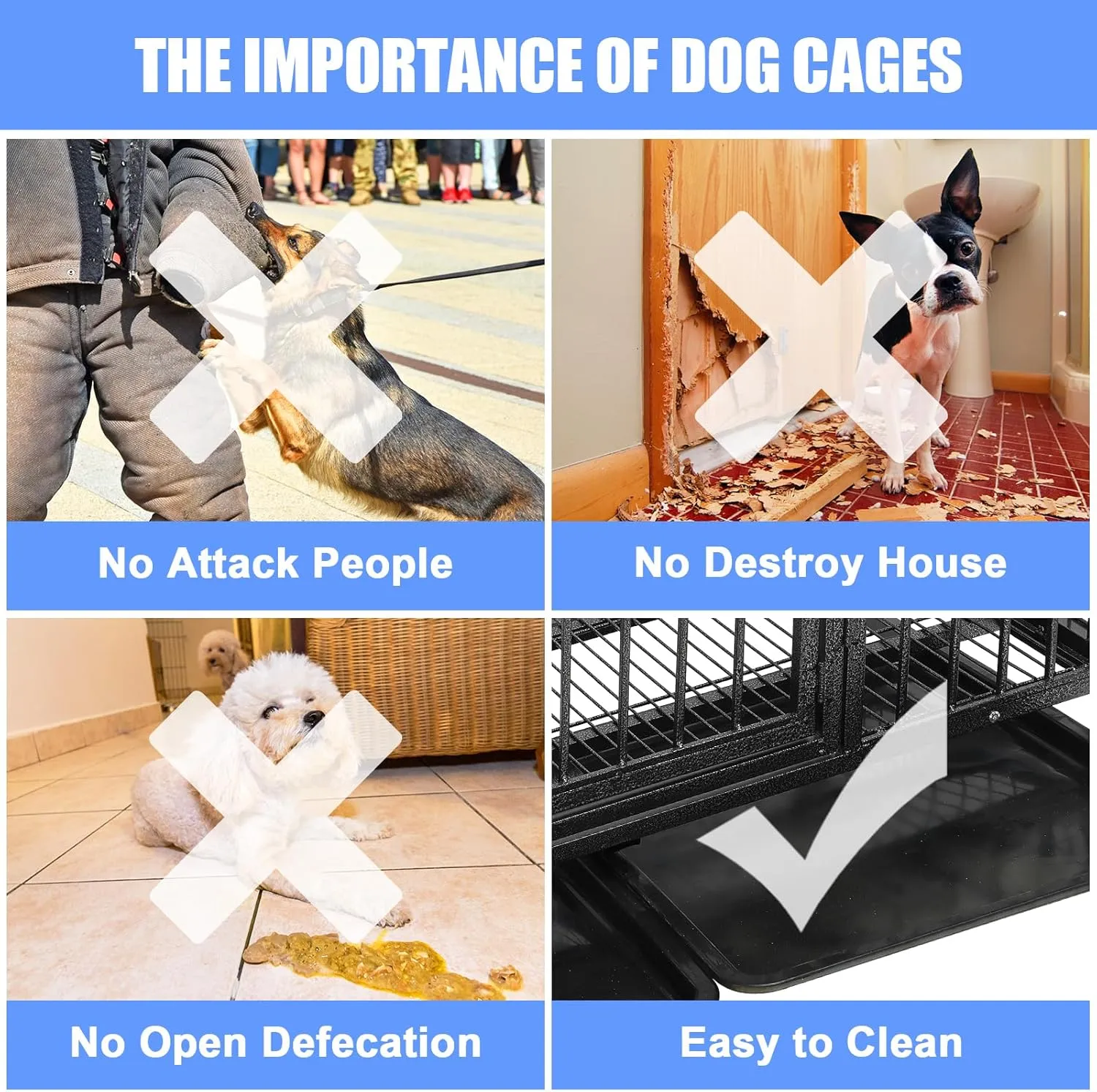 49/37/44 Inch Dog Crate, Heavy Duty Metal Dog Kennel, Indestructible, Escape Proof Dog Cage with Lockable Wheels, Indoor for Large Breed, Big Dog Cage with Removable Dog Crate Tray