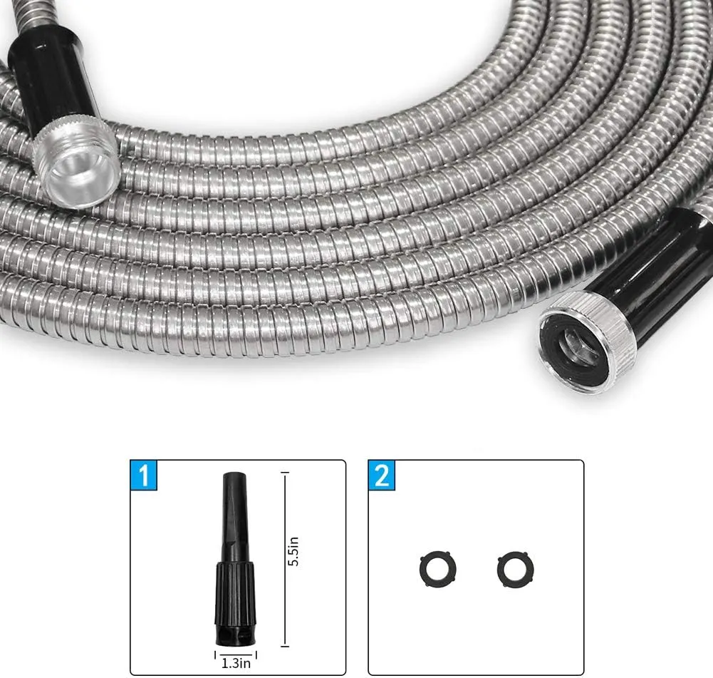 5FT Heavy Duty Metal Garden Hose Stainless Steel Water Hose with Adjustable Nozzle Metal Hose Kink and Easy to Store Outdoor Hose