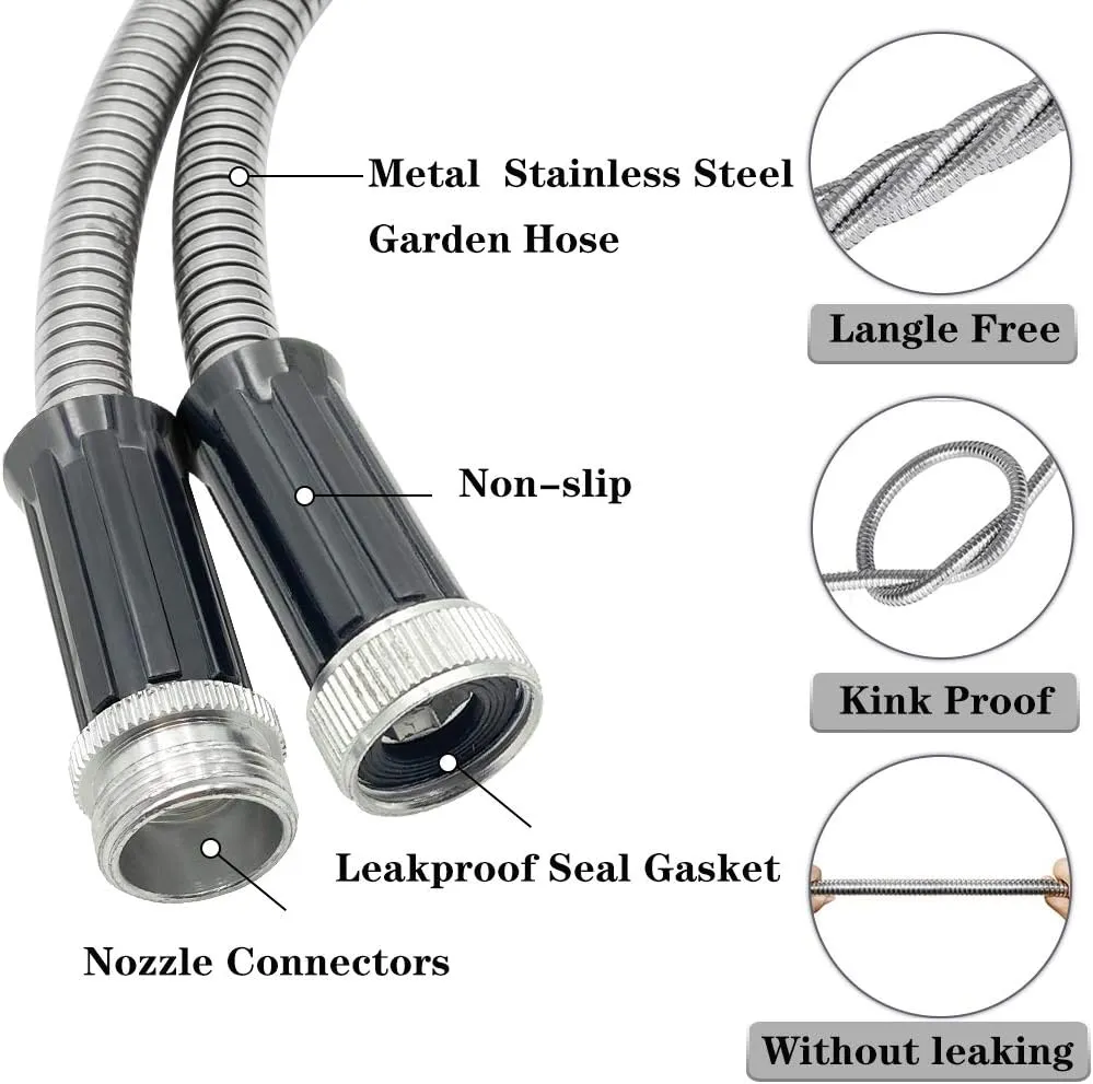 5FT Heavy Duty Metal Garden Hose Stainless Steel Water Hose with Adjustable Nozzle Metal Hose Kink and Easy to Store Outdoor Hose