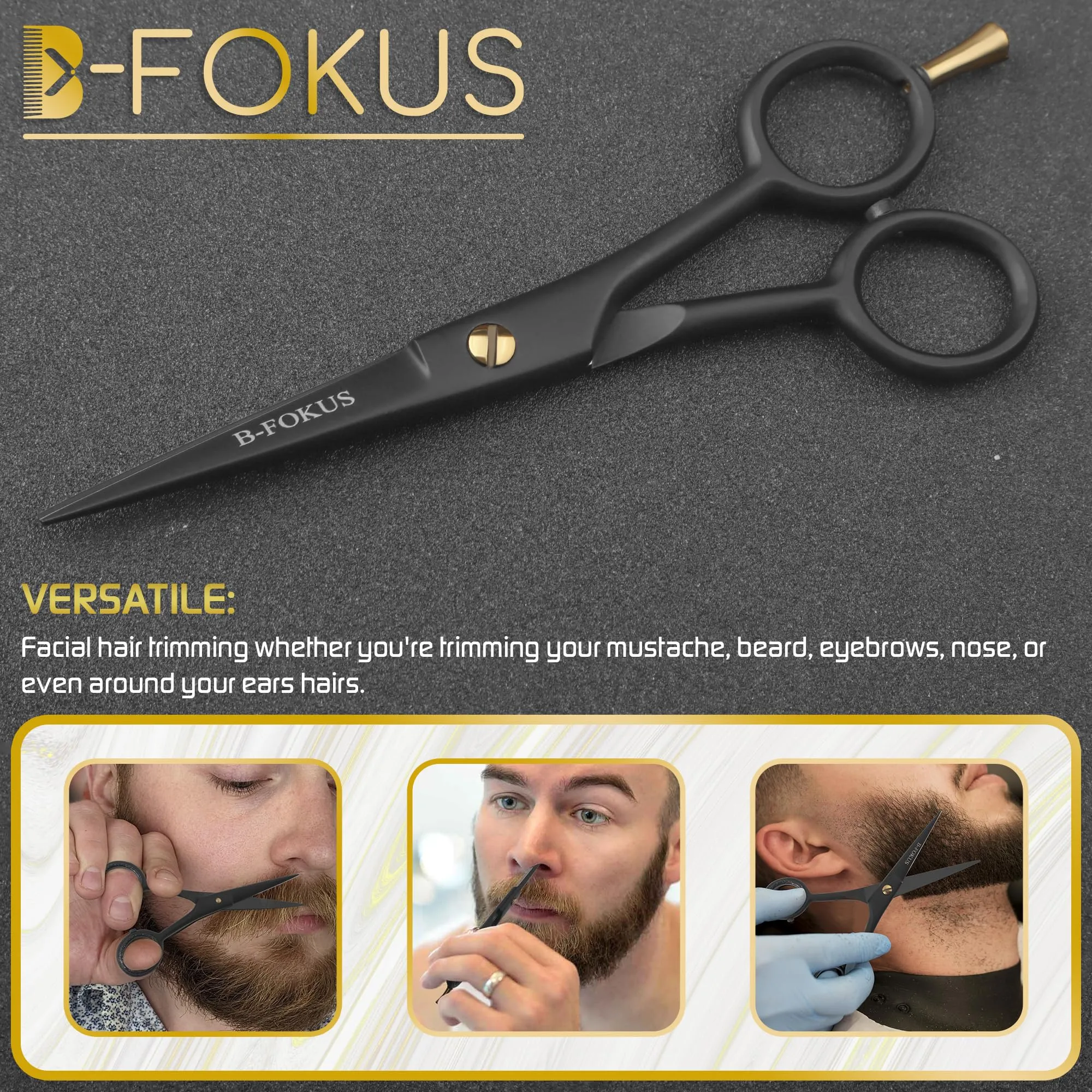 5" Professional Hair Scissors for Mustache & Beard, German Stainless Steel All-Purpose Hair Cutting Scissors for Men’s Grooming, Includes Pouch, Tweezers, Beard Comb, and Mustache Comb