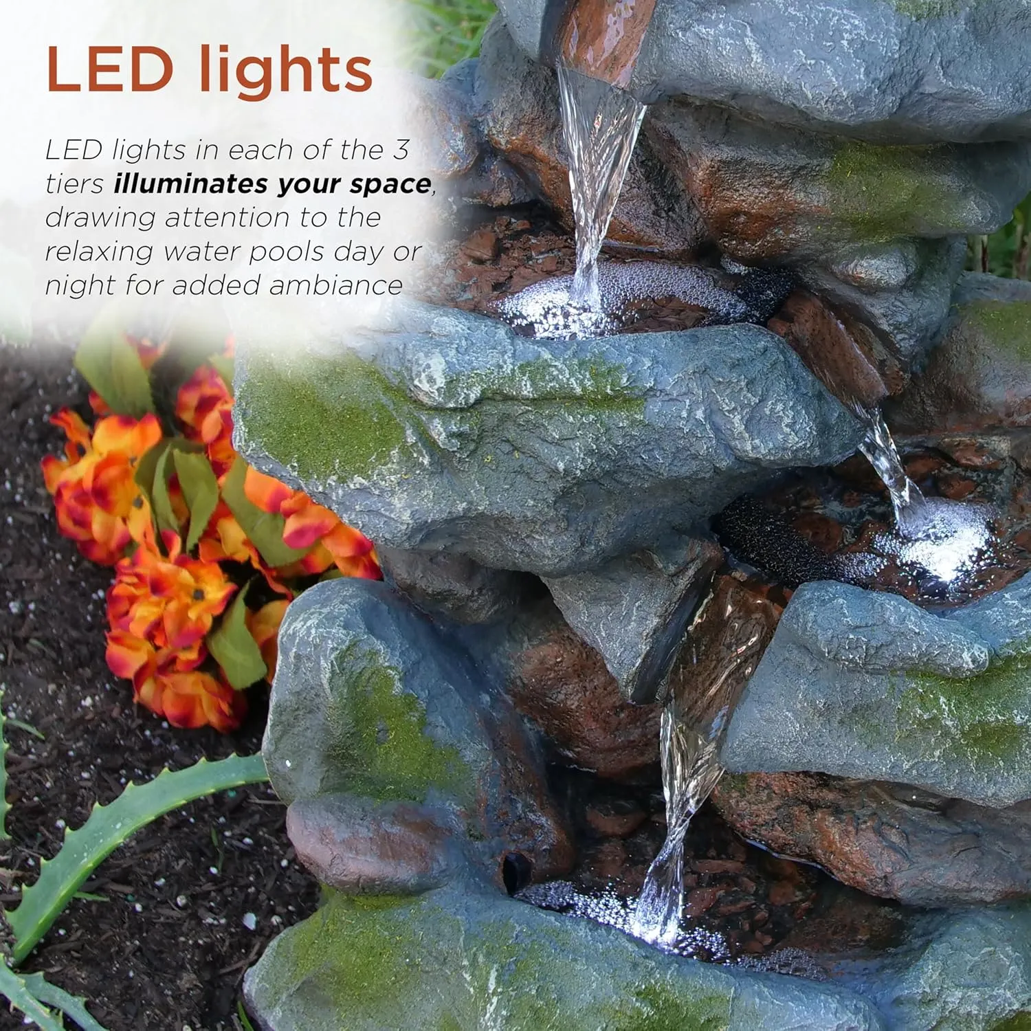 Alpine Corporation WIN582 22" Outdoor 3-Tier Rock Waterfall Fountain with LED Lights for Garden, Patio, Yard, and Porch Decor, Natural Stone Look, Gray