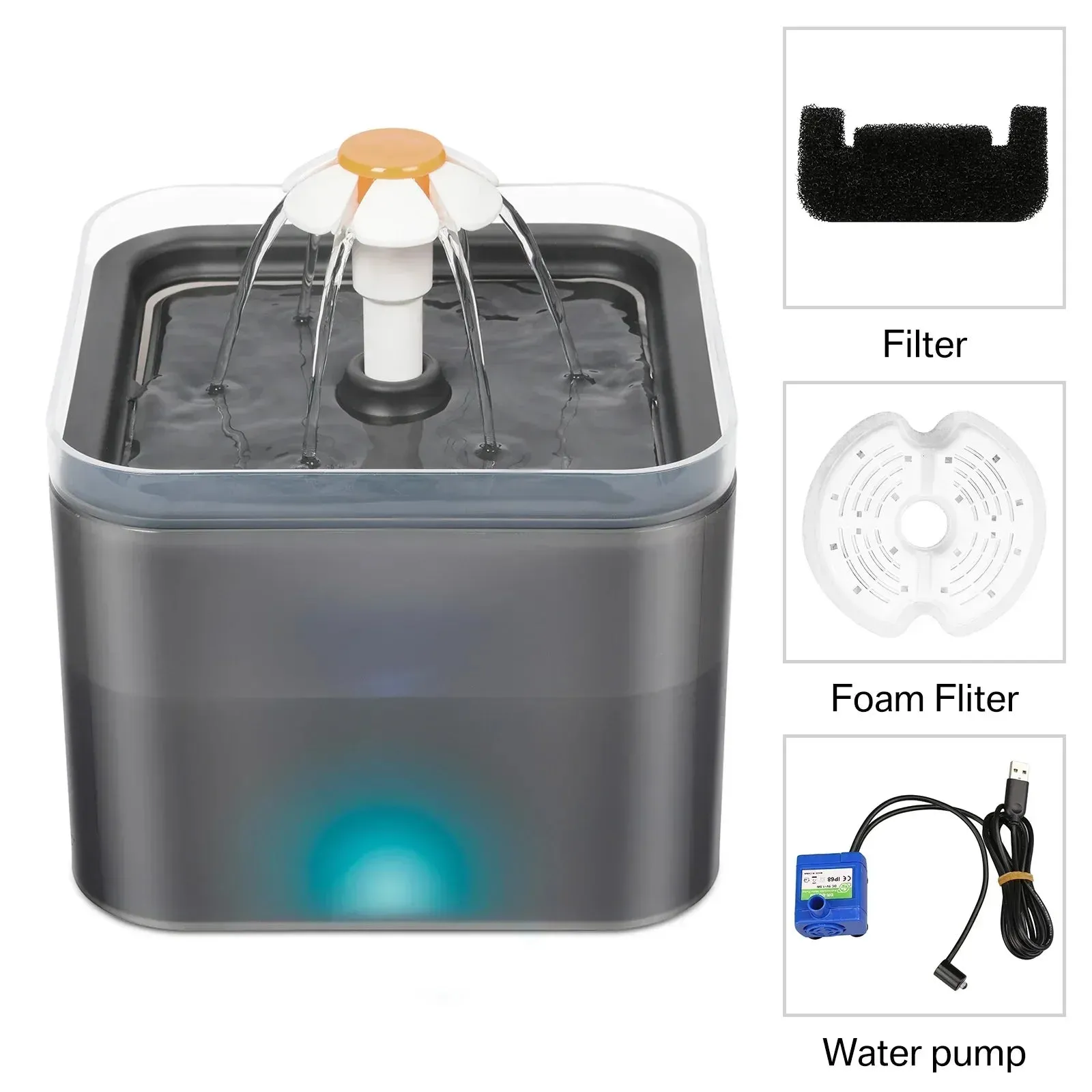 Automatic Cat Water Fountain with LED Light and 2L Capacity