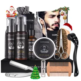 Beard Roller, Beard Care Set with Beard Roller Beard Growth Agent Men Comozon Beard Roller Beard Growth Kit with Beard Shampoo Beard Oil Beard Balm Razor Beard Brush Beard Comb Beard Scissors 12-in-1
