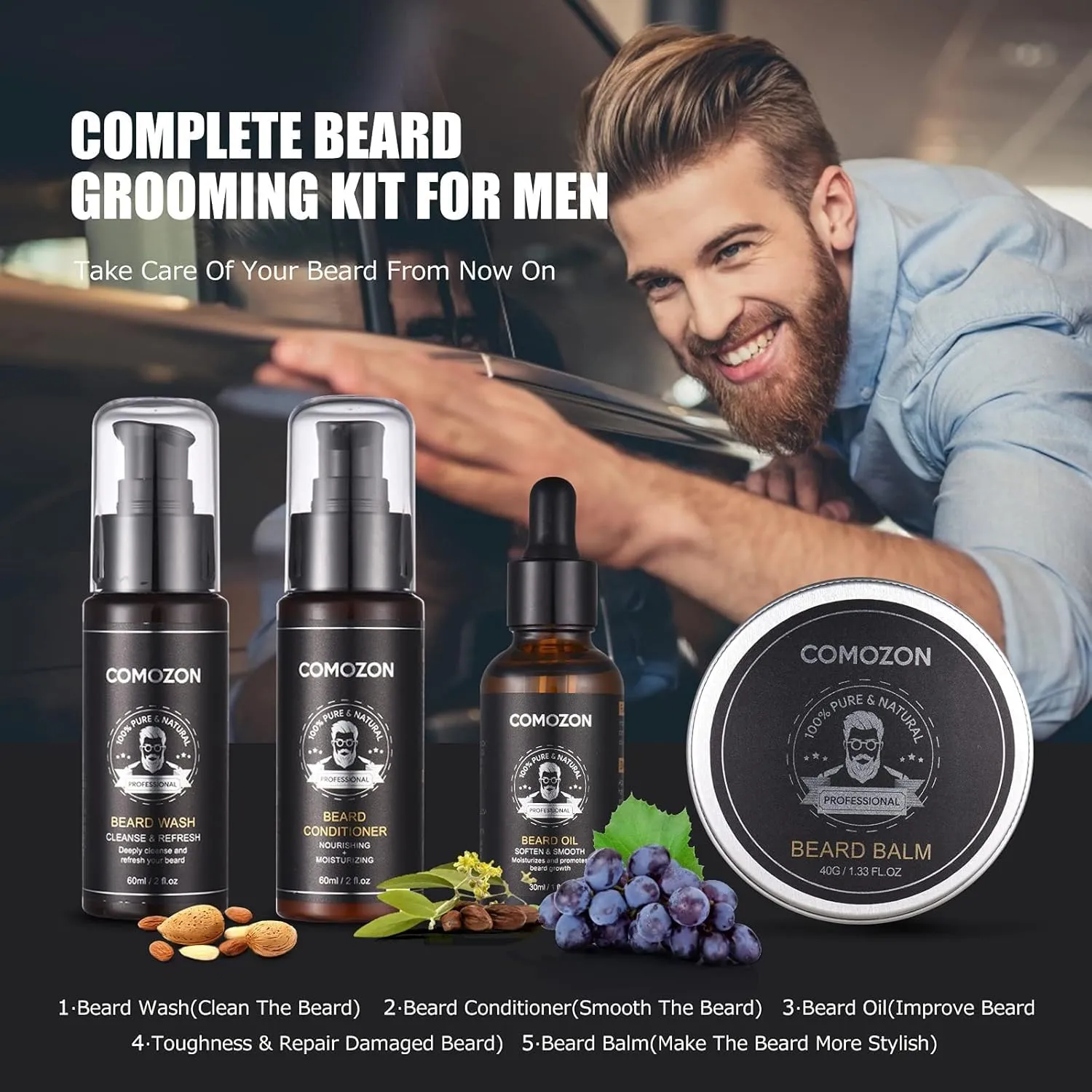 Beard Roller, Beard Care Set with Beard Roller Beard Growth Agent Men Comozon Beard Roller Beard Growth Kit with Beard Shampoo Beard Oil Beard Balm Razor Beard Brush Beard Comb Beard Scissors 12-in-1