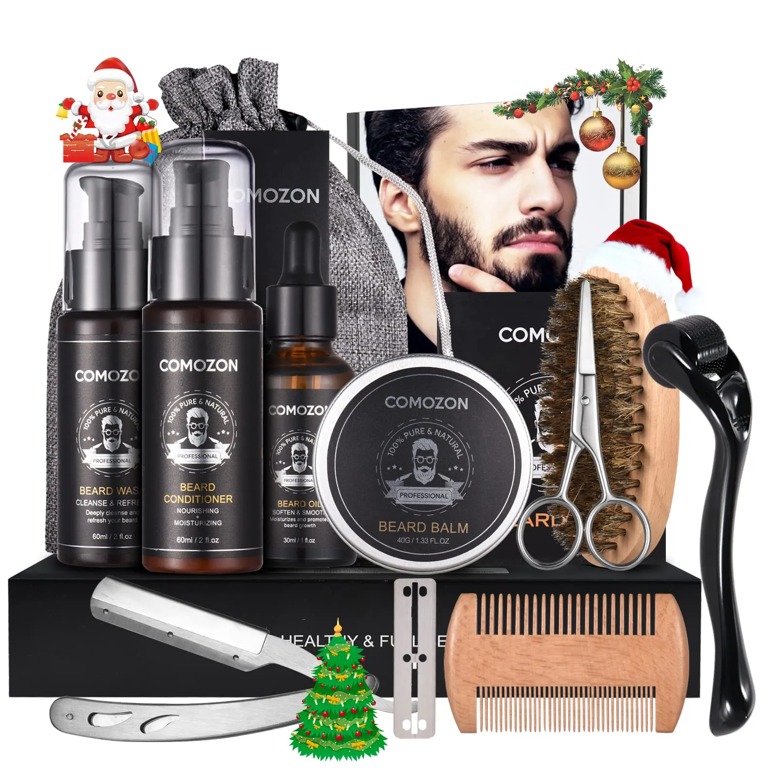 Beard Roller, Beard Care Set with Beard Roller Beard Growth Agent Men Comozon Beard Roller Beard Growth Kit with Beard Shampoo Beard Oil Beard Balm Razor Beard Brush Beard Comb Beard Scissors 12-in-1