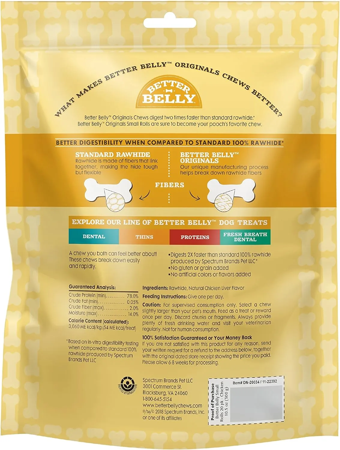 Better Belly Originals Natural Chicken Liver Flavor Small Rolls Highly Digestible Rawhide Dog Chew, 20 Count