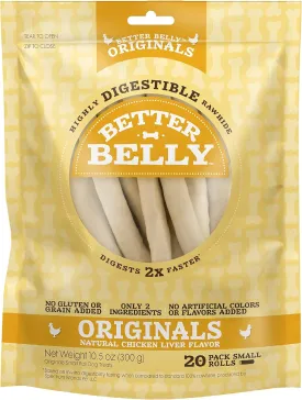 Better Belly Originals Natural Chicken Liver Flavor Small Rolls Highly Digestible Rawhide Dog Chew, 20 Count