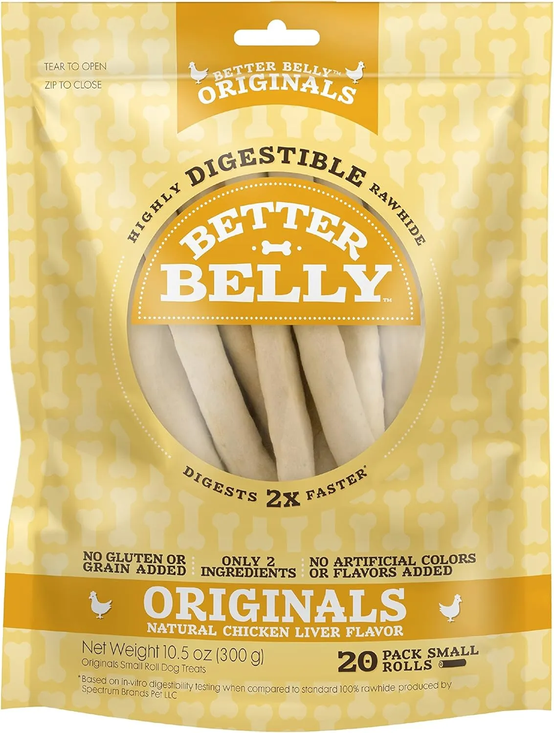 Better Belly Originals Natural Chicken Liver Flavor Small Rolls Highly Digestible Rawhide Dog Chew, 20 Count