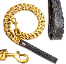 Big Chew Proof Dog Leash for Large Dogs, txprodogchains 32MM Thick Gold Chain Leash with Leather Padded Handle (Gold, 3FT)