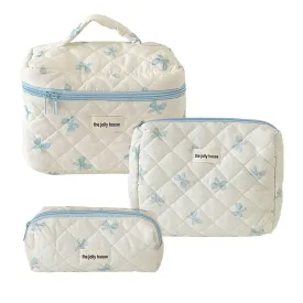 BILIPOPX Cute Makeup Bag Aesthetic Floral Quilted Cotton Cosmetic Bag Travel Organizer Toiletry Pouch 3 Pack Set (02Blue Bow)