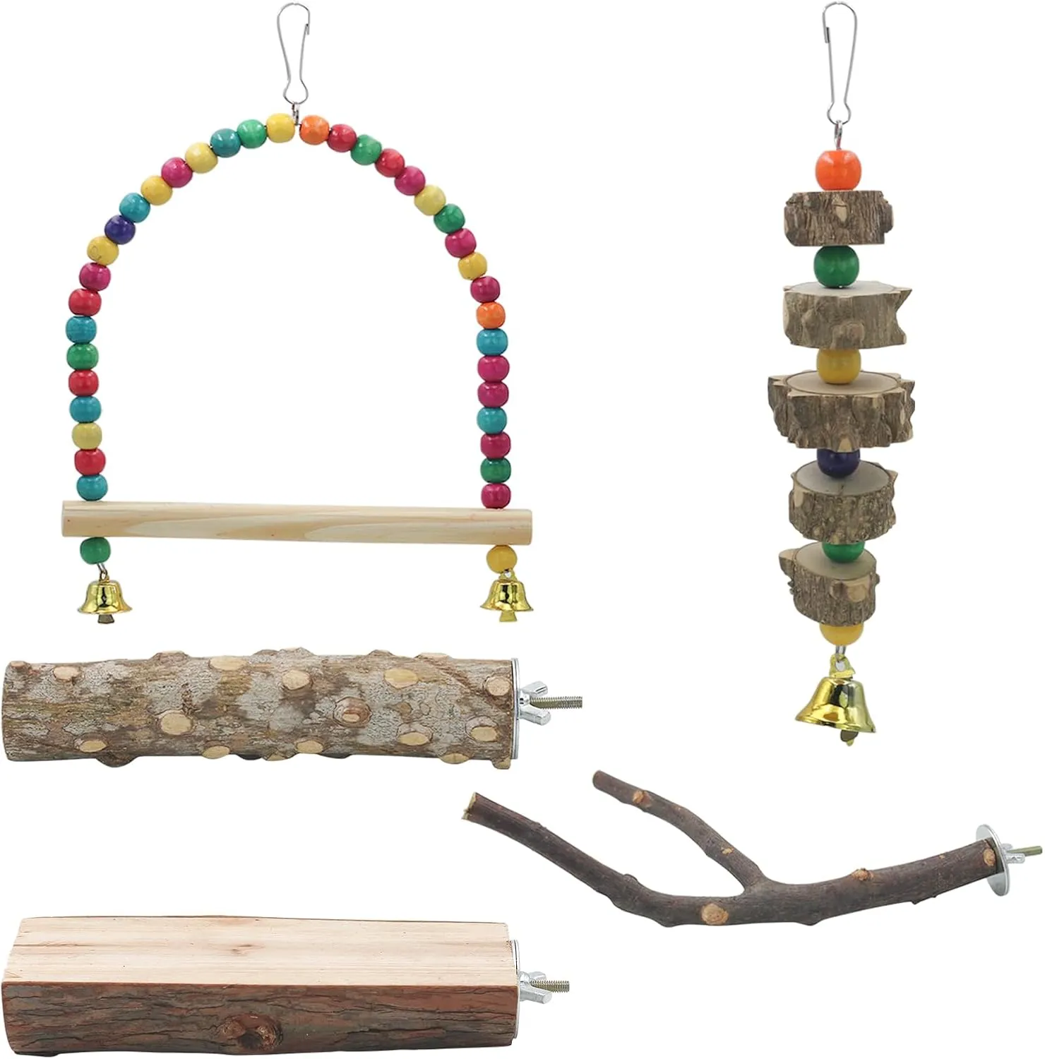 Bird Perch Stand for Cage, Parrot Perch Natural Wood Stand Toys, Bird Accessories for Parakeet, Cockatiel, Macaws, Conures (5 PCS)