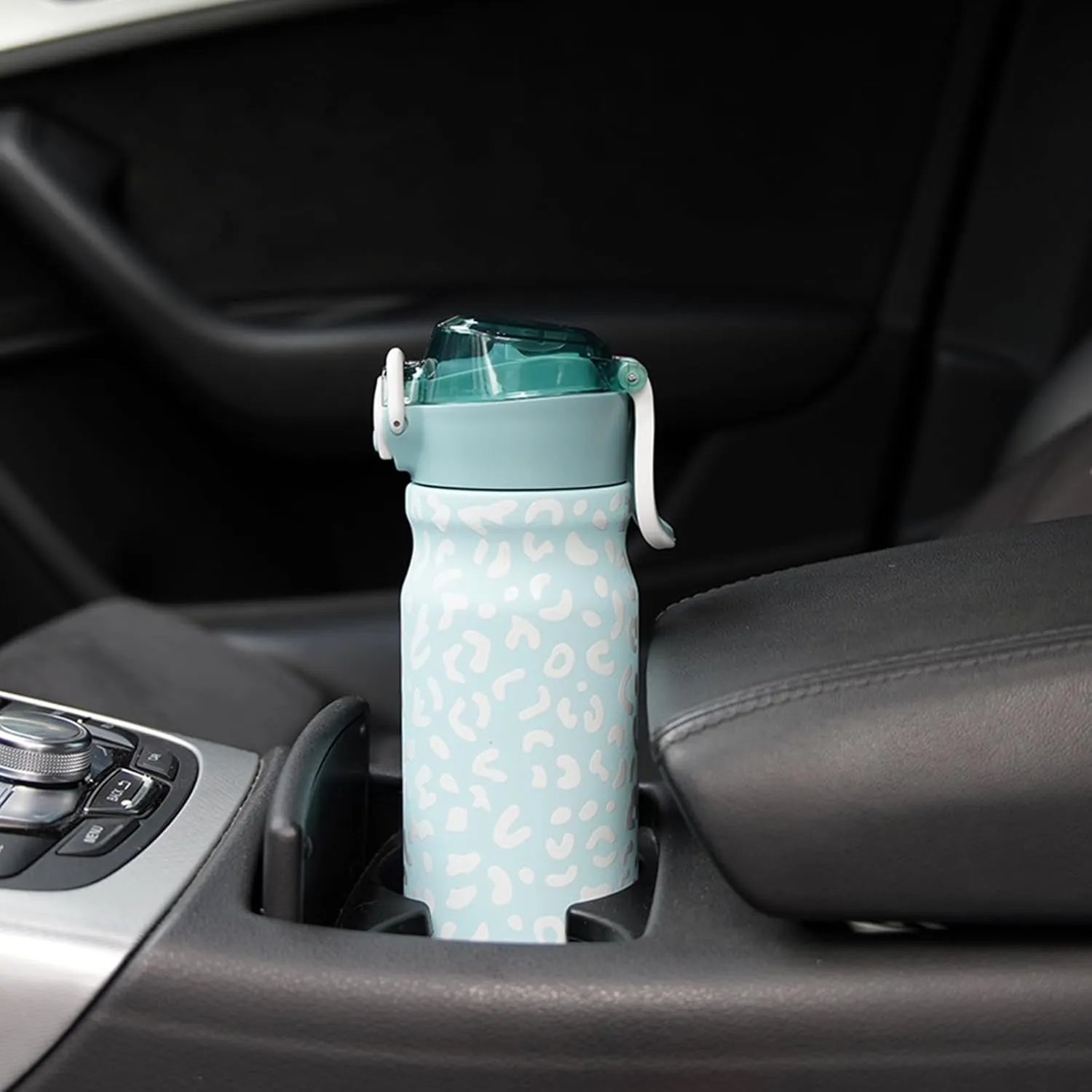 BJPKPK Insulated Water Bottle 18oz Stainless Steel Water Bottles With Straw And Carry Handle Double Wall Metal Thermos,Light Blue Leopard