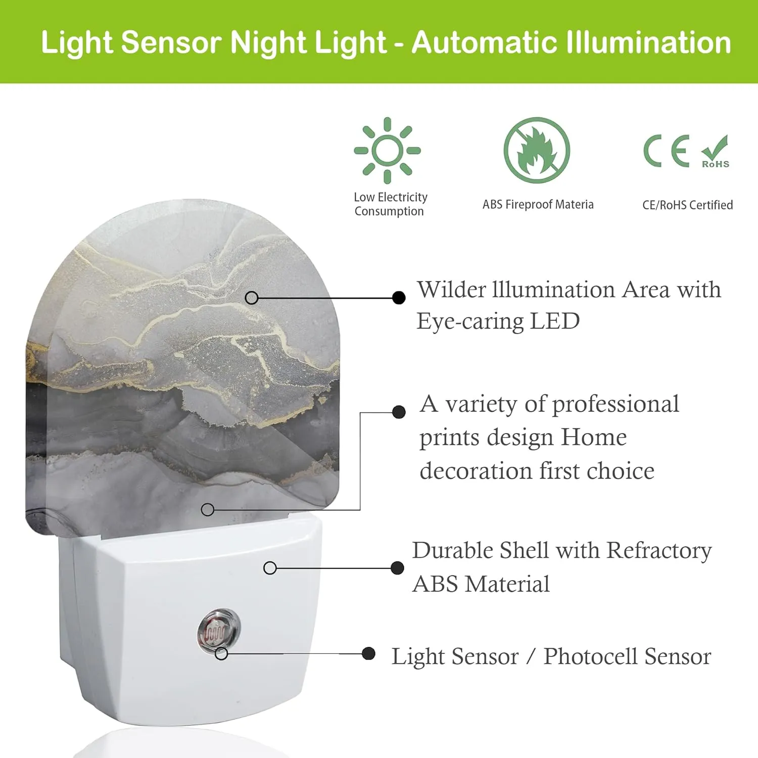 Black White Gold Marble Night Light,Plug into Wall Nightlights with Dusk to Dawn Light Sensors for Bedroom, Bathroom, Hallway, Kitchen, Night Lights for Boys Girls Women Men