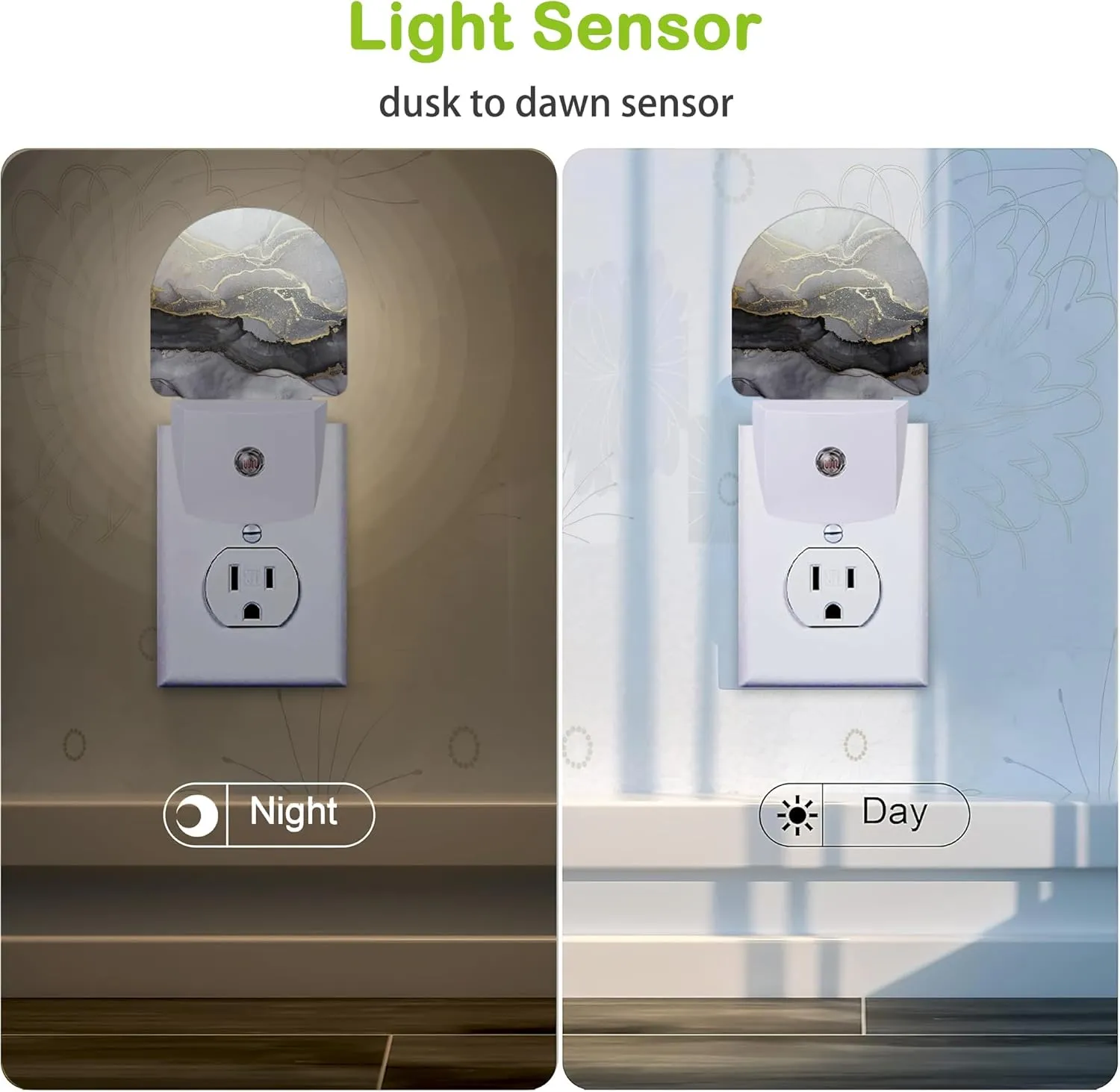 Black White Gold Marble Night Light,Plug into Wall Nightlights with Dusk to Dawn Light Sensors for Bedroom, Bathroom, Hallway, Kitchen, Night Lights for Boys Girls Women Men