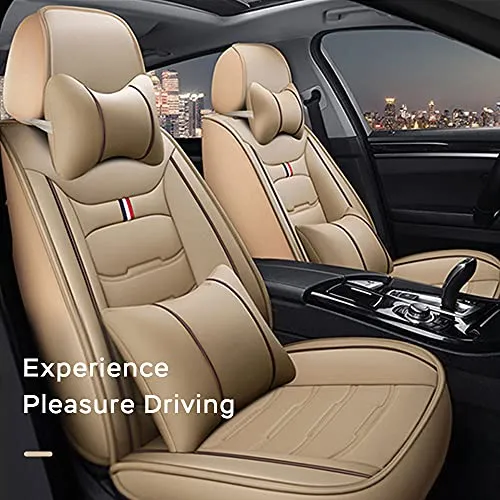 Car Seat Cover Fit for Audi Q2 Q3 Q5 Q7 TT R8 RS e-tron Faux Leather Front Rear 5-seat Covers Non-Slip Waterproof Deluxe Edition (Beige)