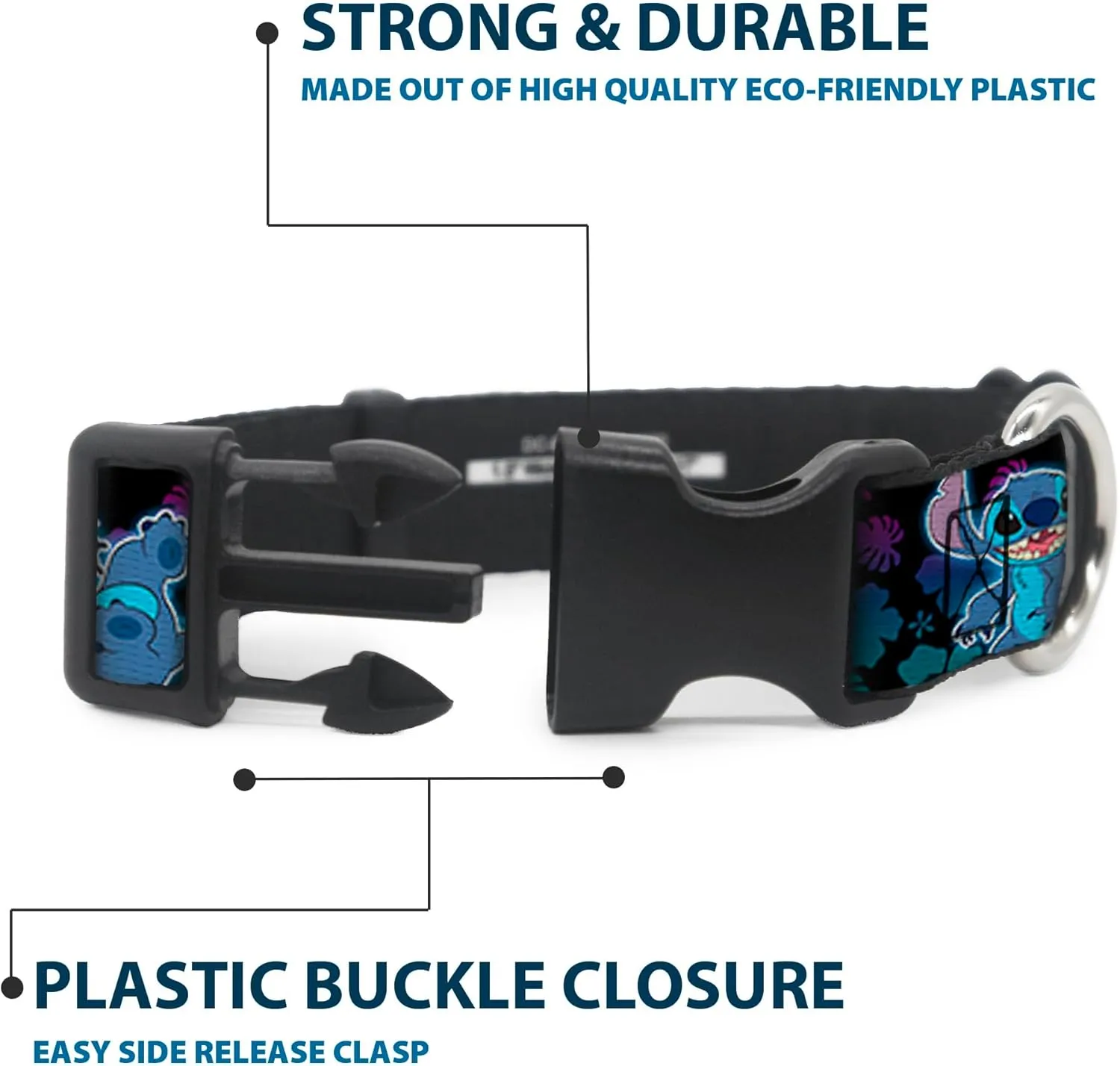 Disney Pet Collar, Dog Collar Plastic Buckle, Stitch Expressions and Poses Tropical Black Purple Blue Fade, 9.5 to 14.5 Inches 0.5 Inch Wide