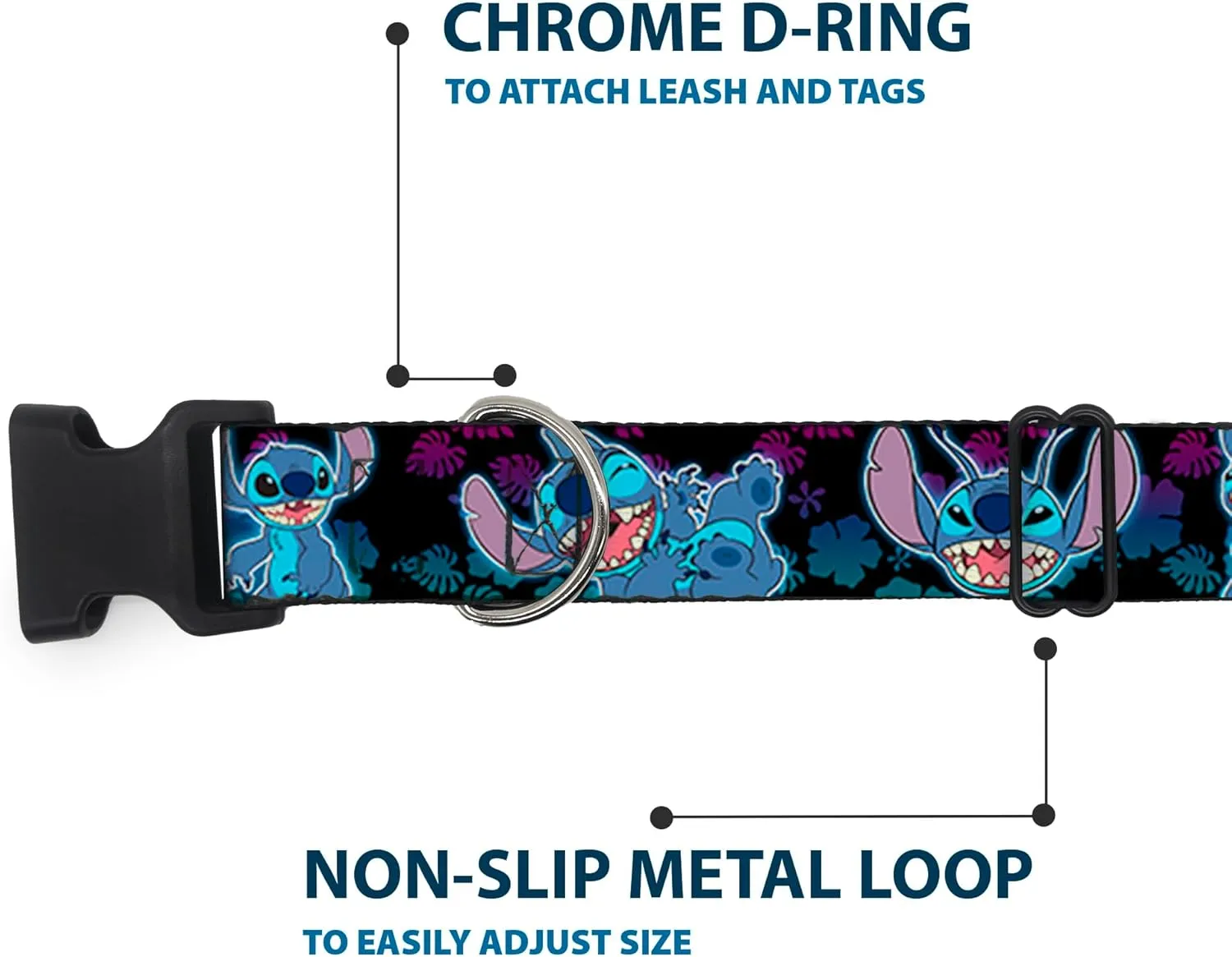 Disney Pet Collar, Dog Collar Plastic Buckle, Stitch Expressions and Poses Tropical Black Purple Blue Fade, 9.5 to 14.5 Inches 0.5 Inch Wide