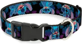 Disney Pet Collar, Dog Collar Plastic Buckle, Stitch Expressions and Poses Tropical Black Purple Blue Fade, 9.5 to 14.5 Inches 0.5 Inch Wide