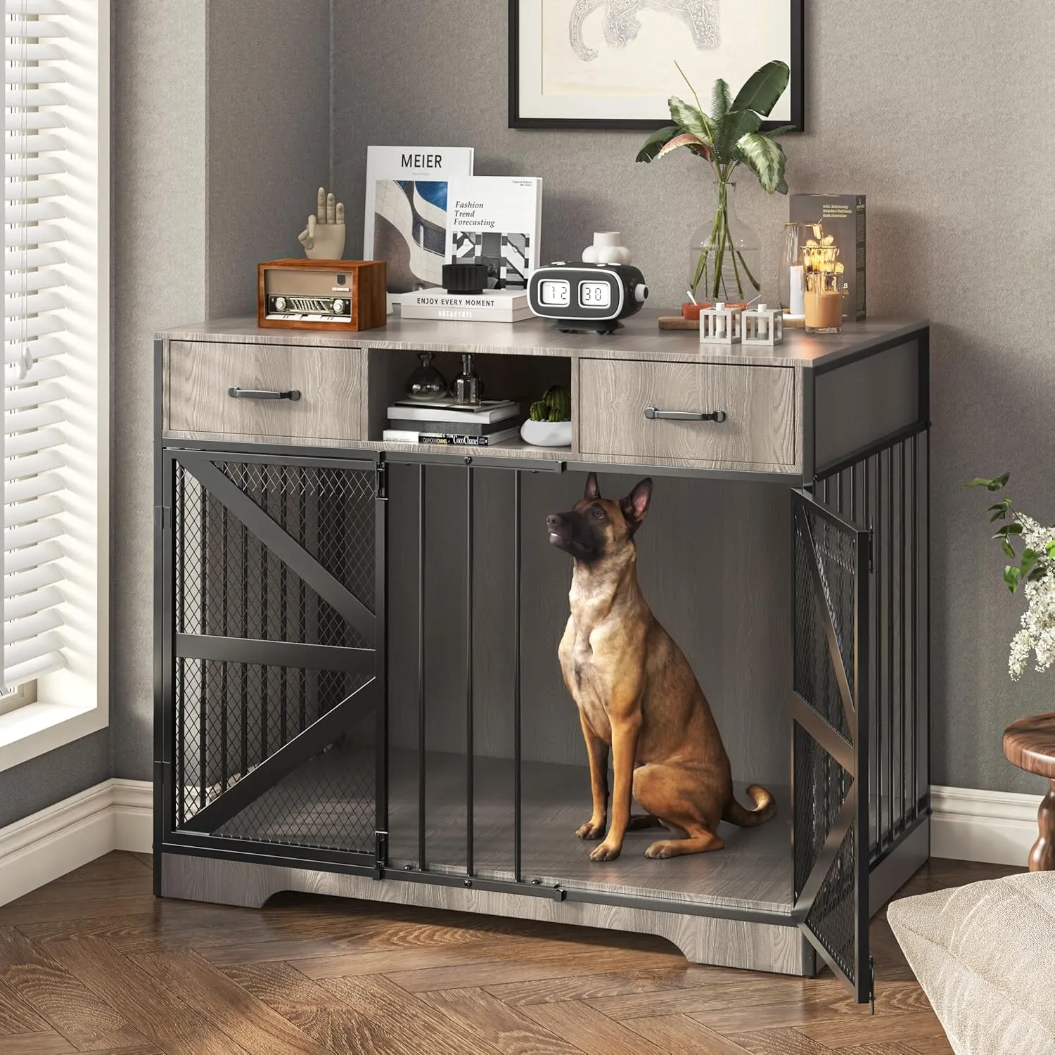 Dog Crate Furniture, 44" Large Dog Kennel Furniture Indoor, Metal XL Dog Cage for Large/Medium Dogs, Wooden Heavy Duty Decorative Dog Crate End Table Pet House with 2 Drawers, Chew-Resistant