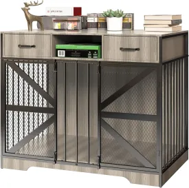 Dog Crate Furniture, 44" Large Dog Kennel Furniture Indoor, Metal XL Dog Cage for Large/Medium Dogs, Wooden Heavy Duty Decorative Dog Crate End Table Pet House with 2 Drawers, Chew-Resistant