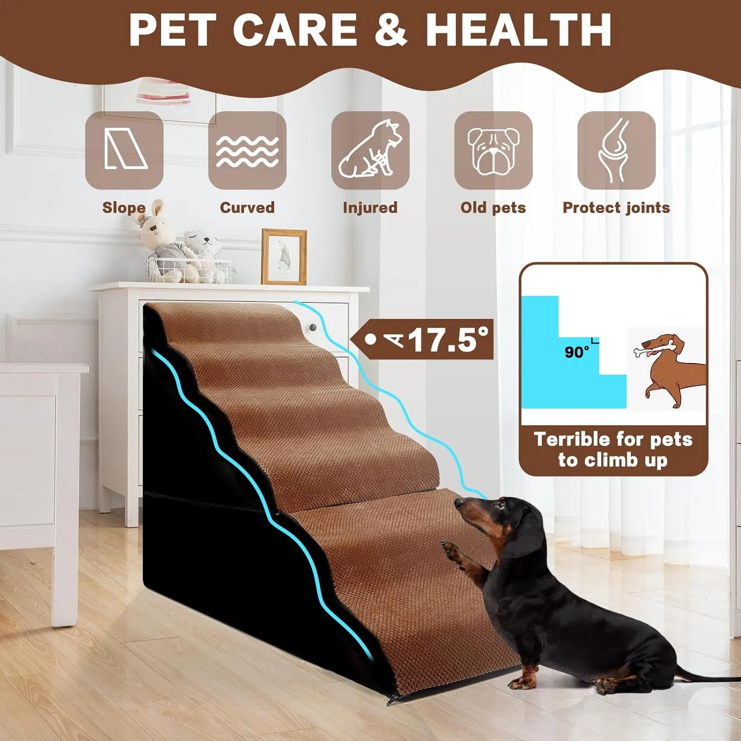 Dog Stair Steps for High Beds 30-36 inches Tall, 6-Step Dog Step Ramps for High Bedsides Climbing for Doggy/Kitty, Curved Pet Stairs Steps for Small/Large/Old Dogs/Cats, Brown