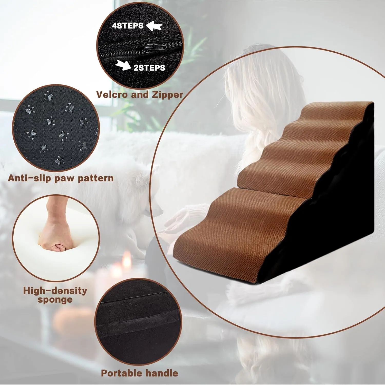 Dog Stair Steps for High Beds 30-36 inches Tall, 6-Step Dog Step Ramps for High Bedsides Climbing for Doggy/Kitty, Curved Pet Stairs Steps for Small/Large/Old Dogs/Cats, Brown