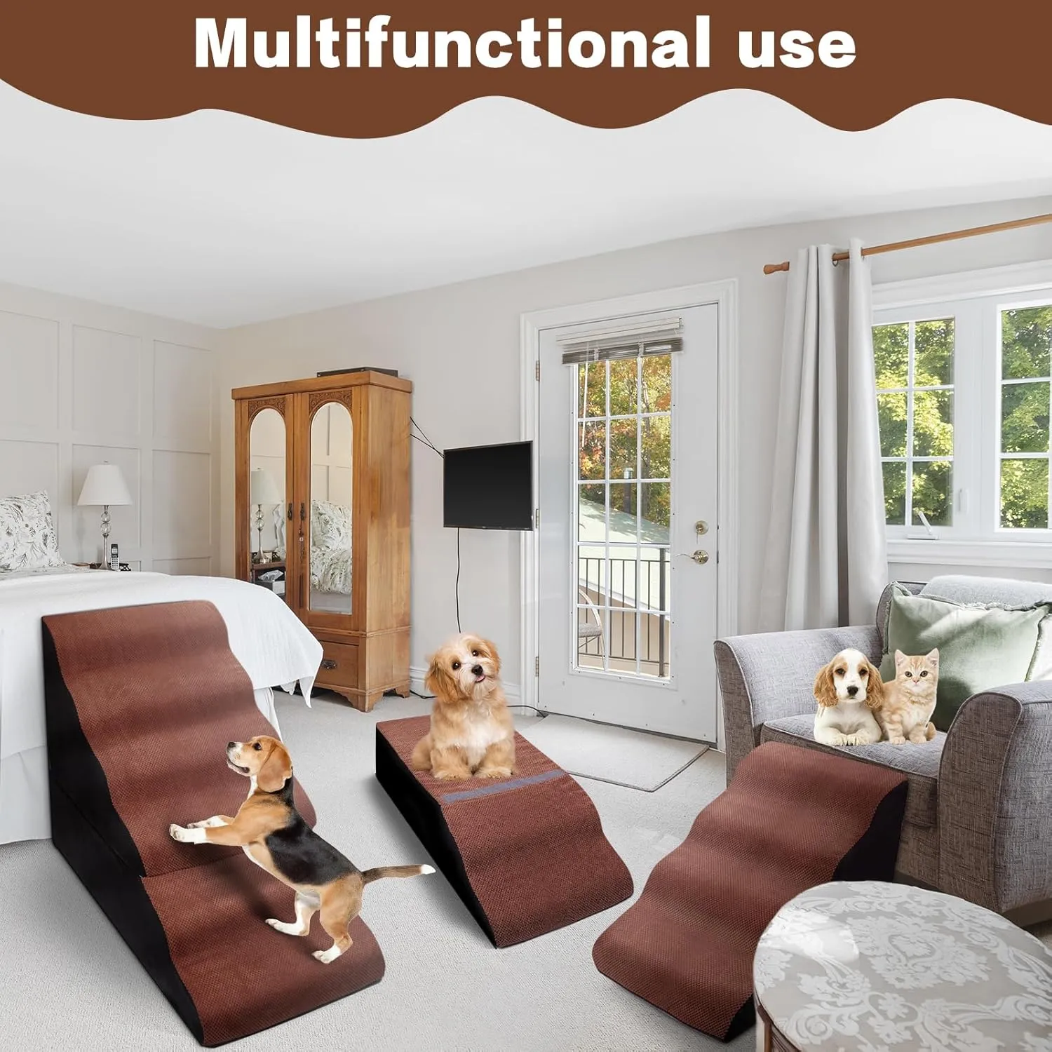 Dog Stair Steps for High Beds 30-36 inches Tall, 6-Step Dog Step Ramps for High Bedsides Climbing for Doggy/Kitty, Curved Pet Stairs Steps for Small/Large/Old Dogs/Cats, Brown