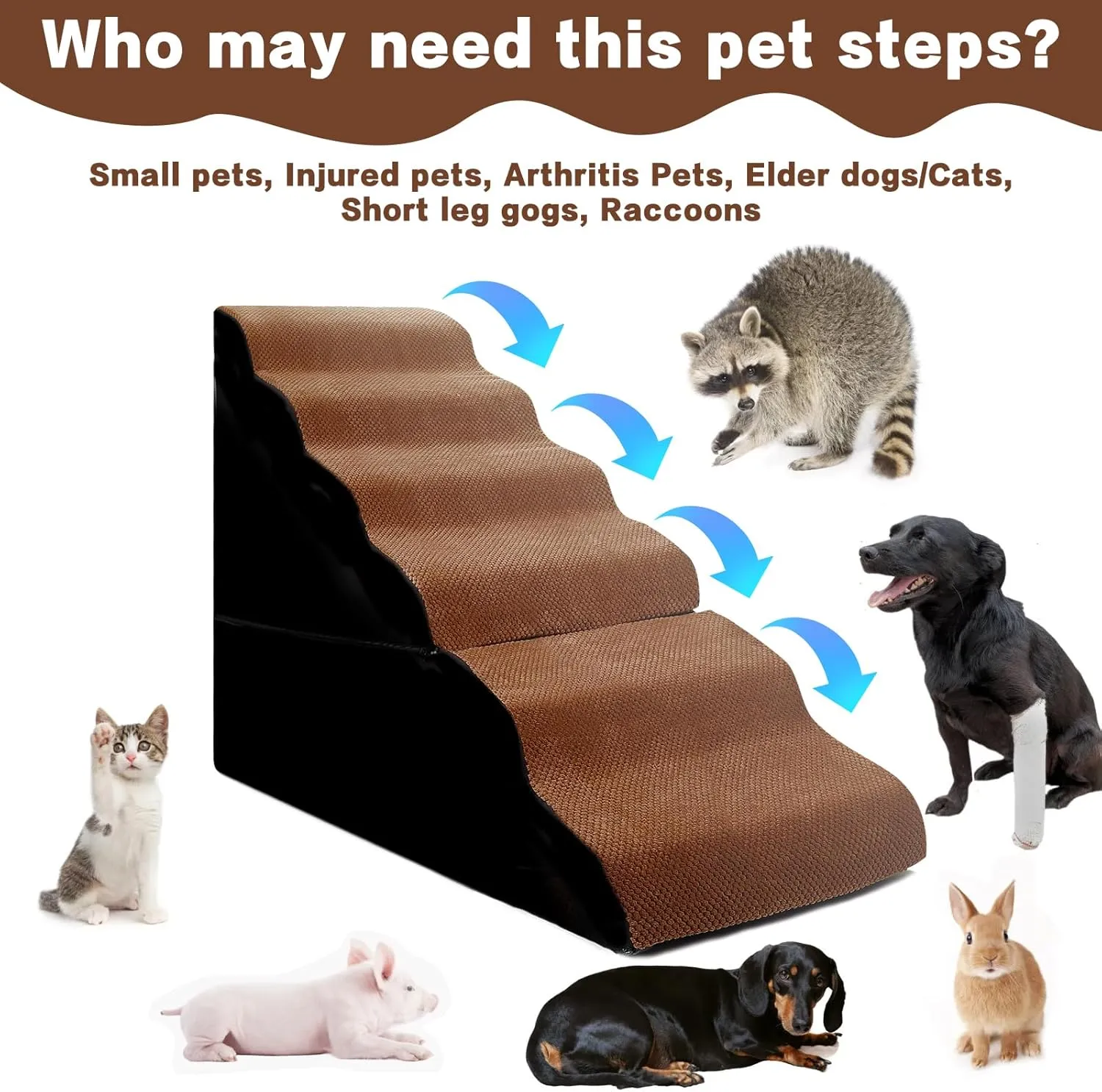 Dog Stair Steps for High Beds 30-36 inches Tall, 6-Step Dog Step Ramps for High Bedsides Climbing for Doggy/Kitty, Curved Pet Stairs Steps for Small/Large/Old Dogs/Cats, Brown