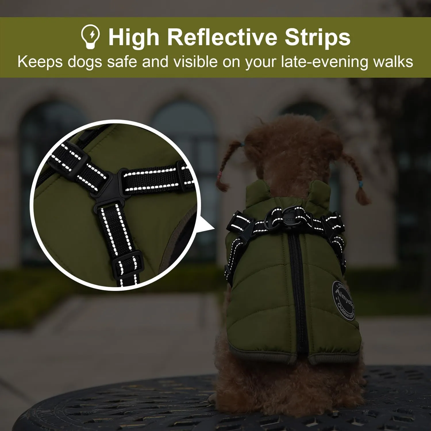 Dog Winter Coat, Warm Jacket Reflective Fleece Vest with Harness, Waterproof Windproof Snowsuit with Zipper for Small Medium Dogs, Green XS