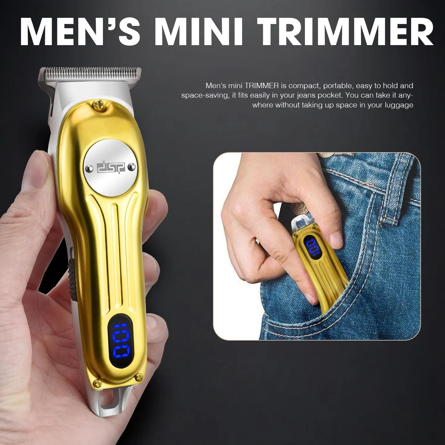 DSP Beard Trimmer for Men, Cordless Hair Clipper Shavers for Men, Facial Hair Trimmer for Beard & Mustache Trimming, Professional Haircut Kit for Men Rechargeable LED Display (Gold)