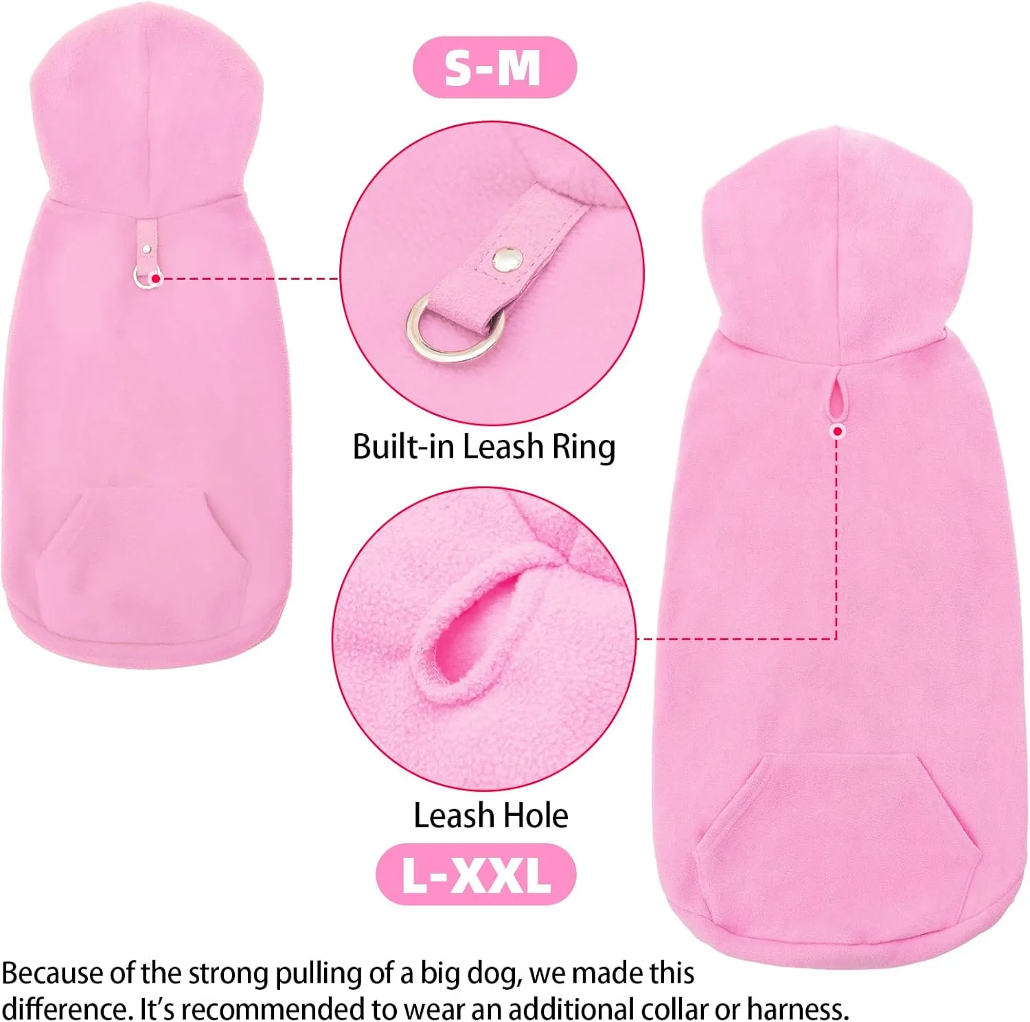 EXPAWLORER Dog Hoodie with Pocket, Polar Fleece Dog Sweatshirt Fall Cold Winter Sleeveless Sweater with Hood, Warm Cozy Pet Clothes for Small to Large Dogs Boys and Girls (Pink, L)