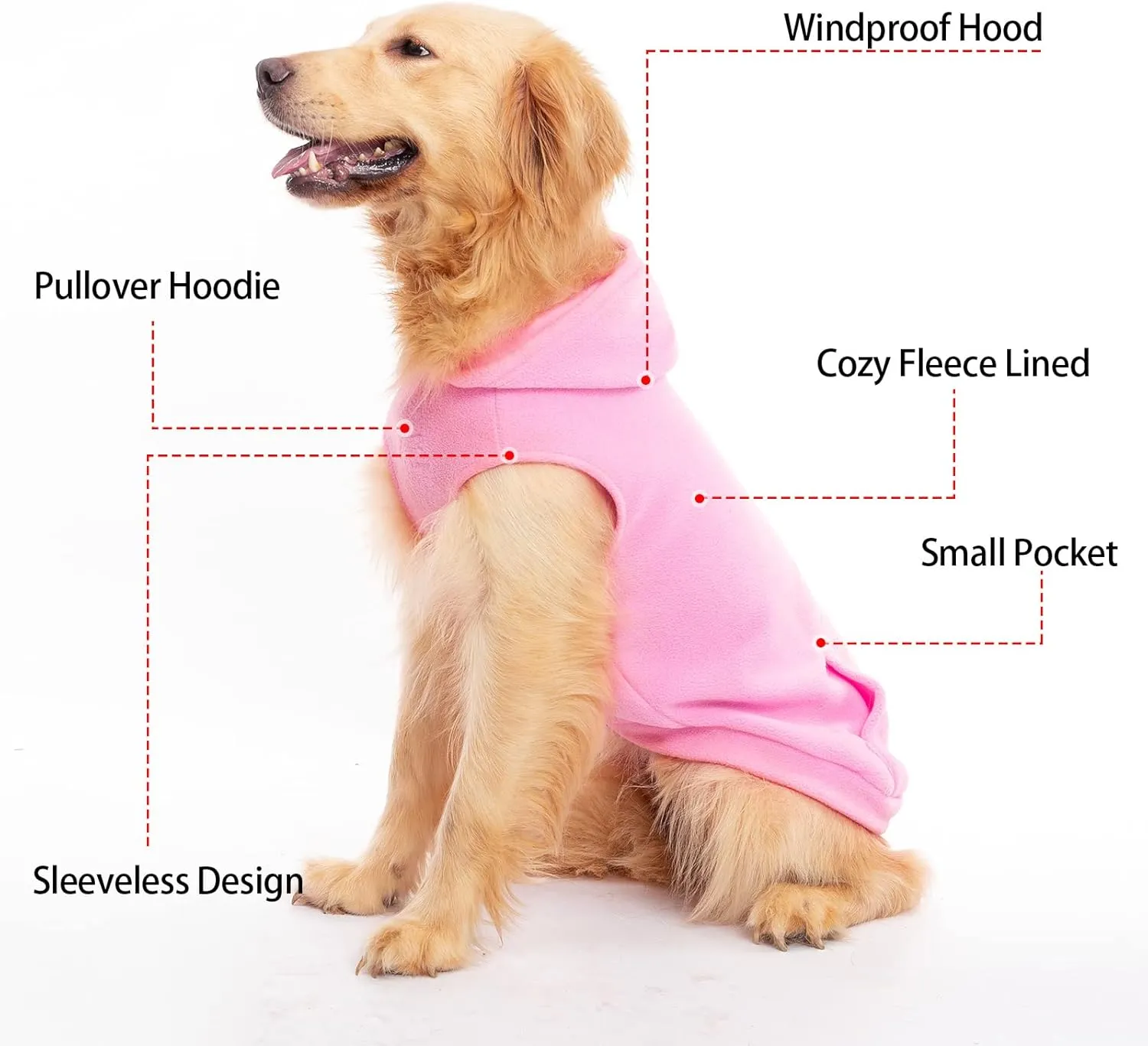 EXPAWLORER Dog Hoodie with Pocket, Polar Fleece Dog Sweatshirt Fall Cold Winter Sleeveless Sweater with Hood, Warm Cozy Pet Clothes for Small to Large Dogs Boys and Girls (Pink, L)