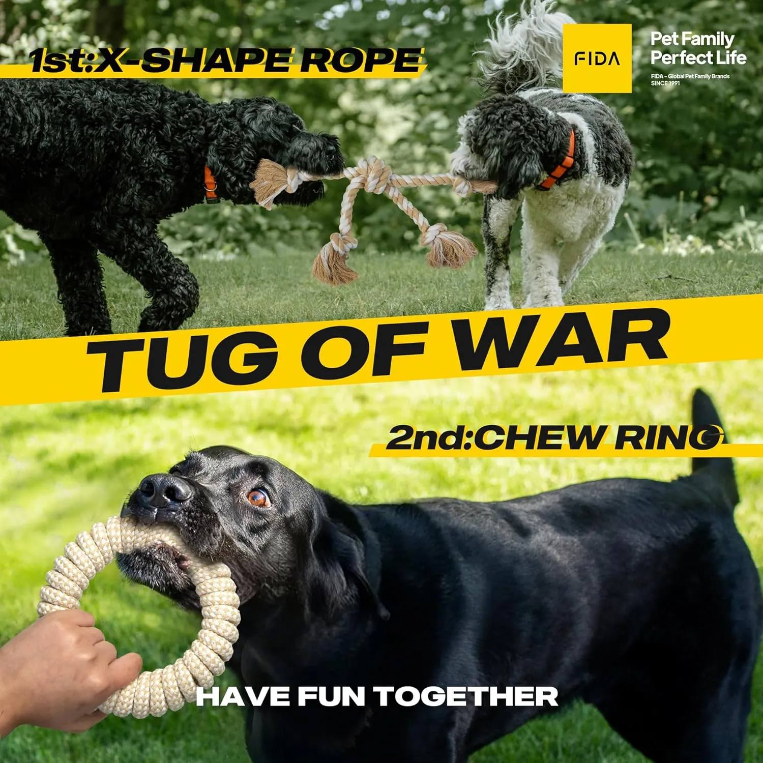 Fida Heavy Duty Dog Rope Toys for Aggressive Chewers 4pcs Pack  Natural Cotton Dog Chew Toys for Large Dogs, Tug-of-War & Fetch Rope Ball/Ring/Knot/Twist to Keep Them Busy